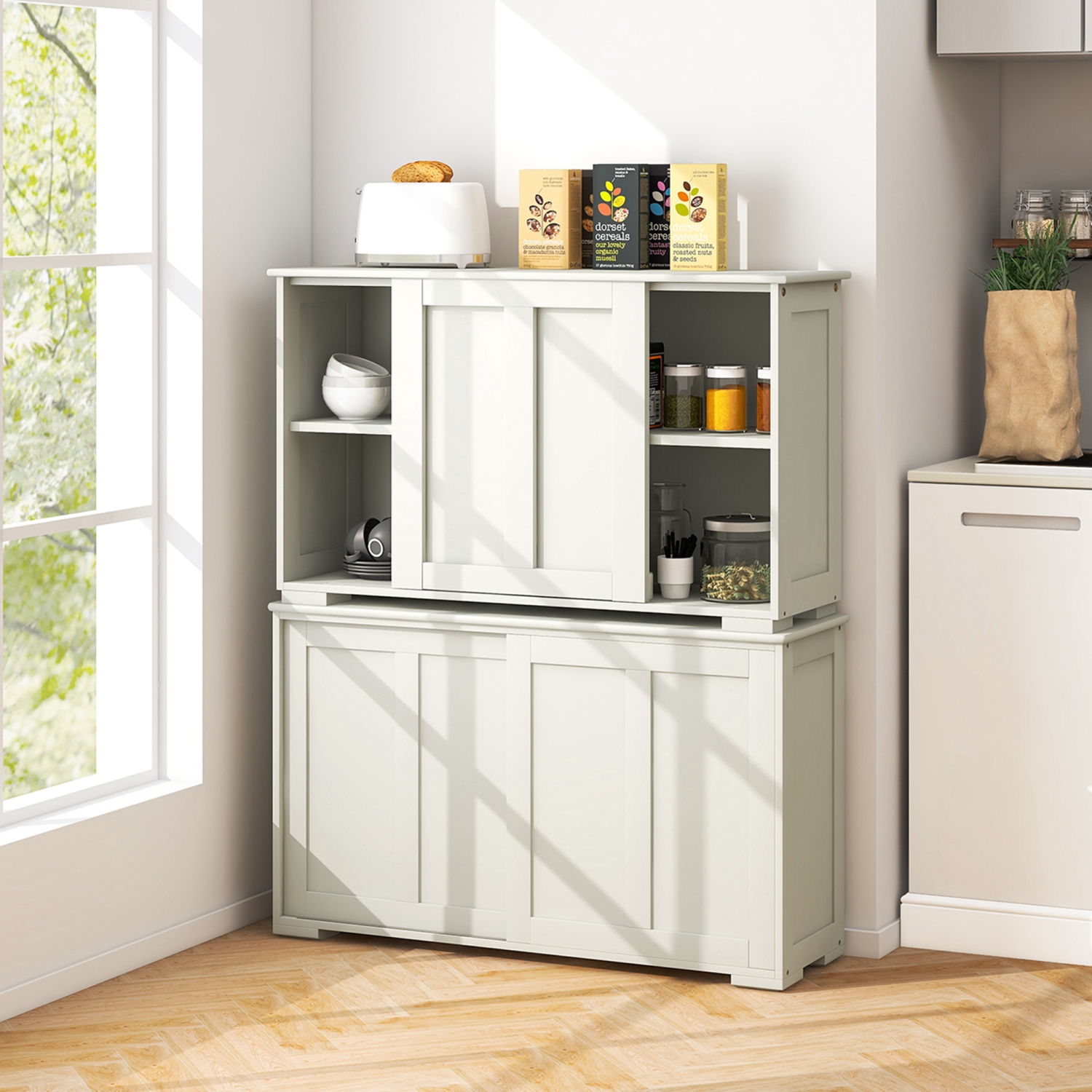 Costway Stackable Buffet Sideboard Set of 2 with Sliding Doors & Adjustable Shelf