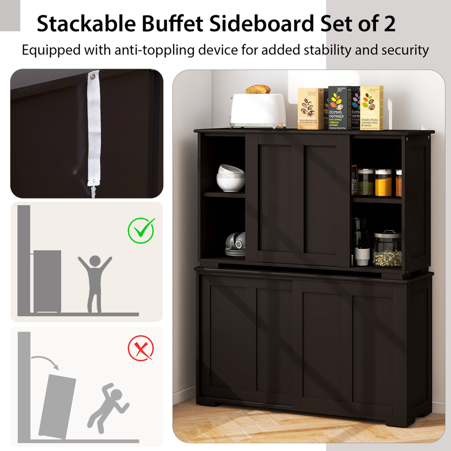 Costway Stackable Buffet Sideboard Set of 2 with Sliding Doors & Adjustable Shelf