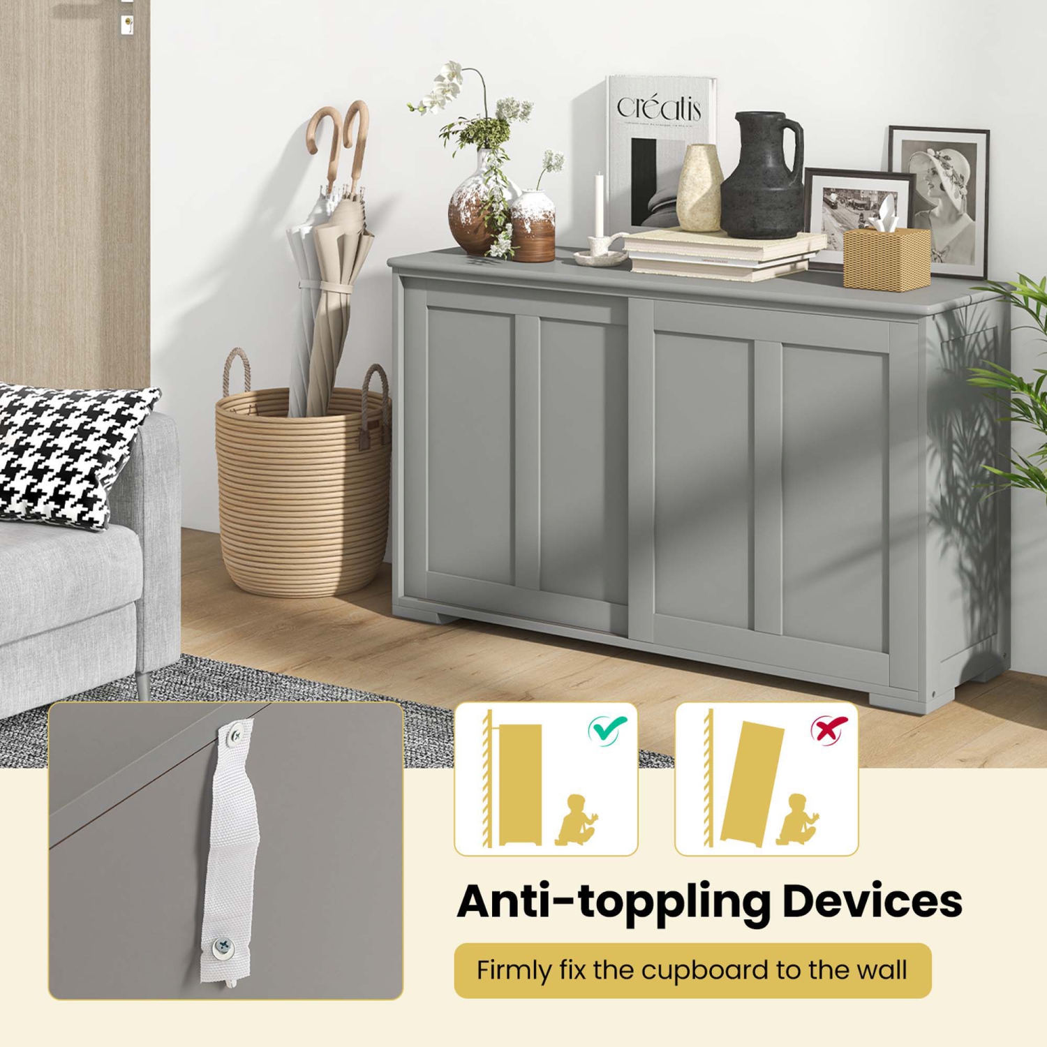 Costway Kitchen Storage Cabinet Sideboard Buffet Cupboard Wood Sliding Door Pantry