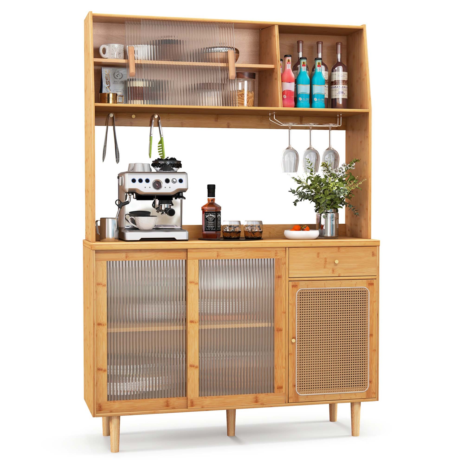 Costway Bamboo Buffet Cabinet Wine Bar Pantry Cupboard Sideboard with Rattan Sliding Door