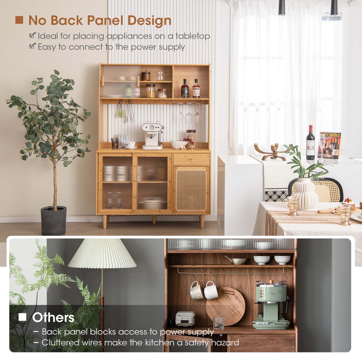 Costway Bamboo Buffet Cabinet Wine Bar Pantry Cupboard Sideboard with Rattan Sliding Door