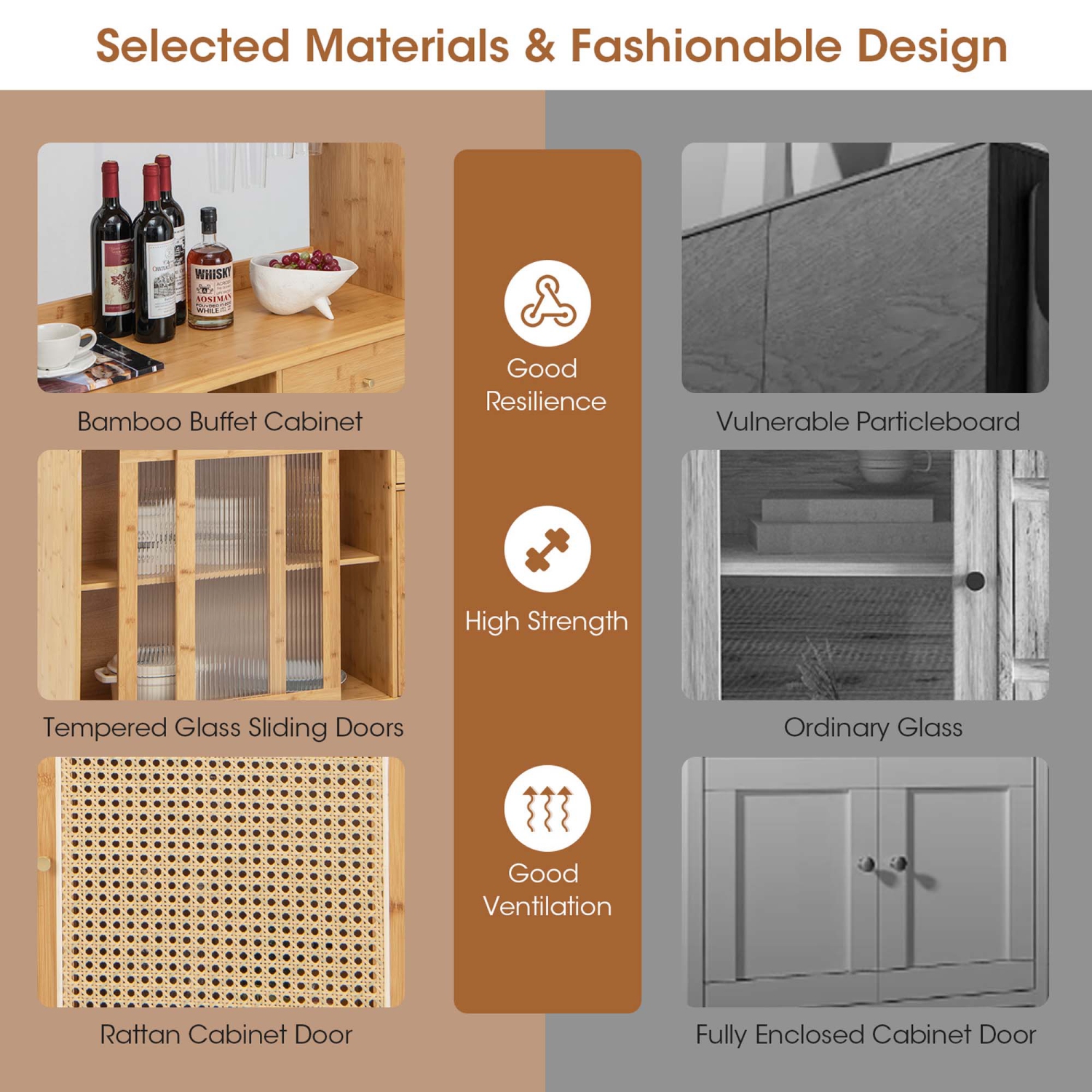 Costway Bamboo Buffet Cabinet Wine Bar Pantry Cupboard Sideboard with Rattan Sliding Door