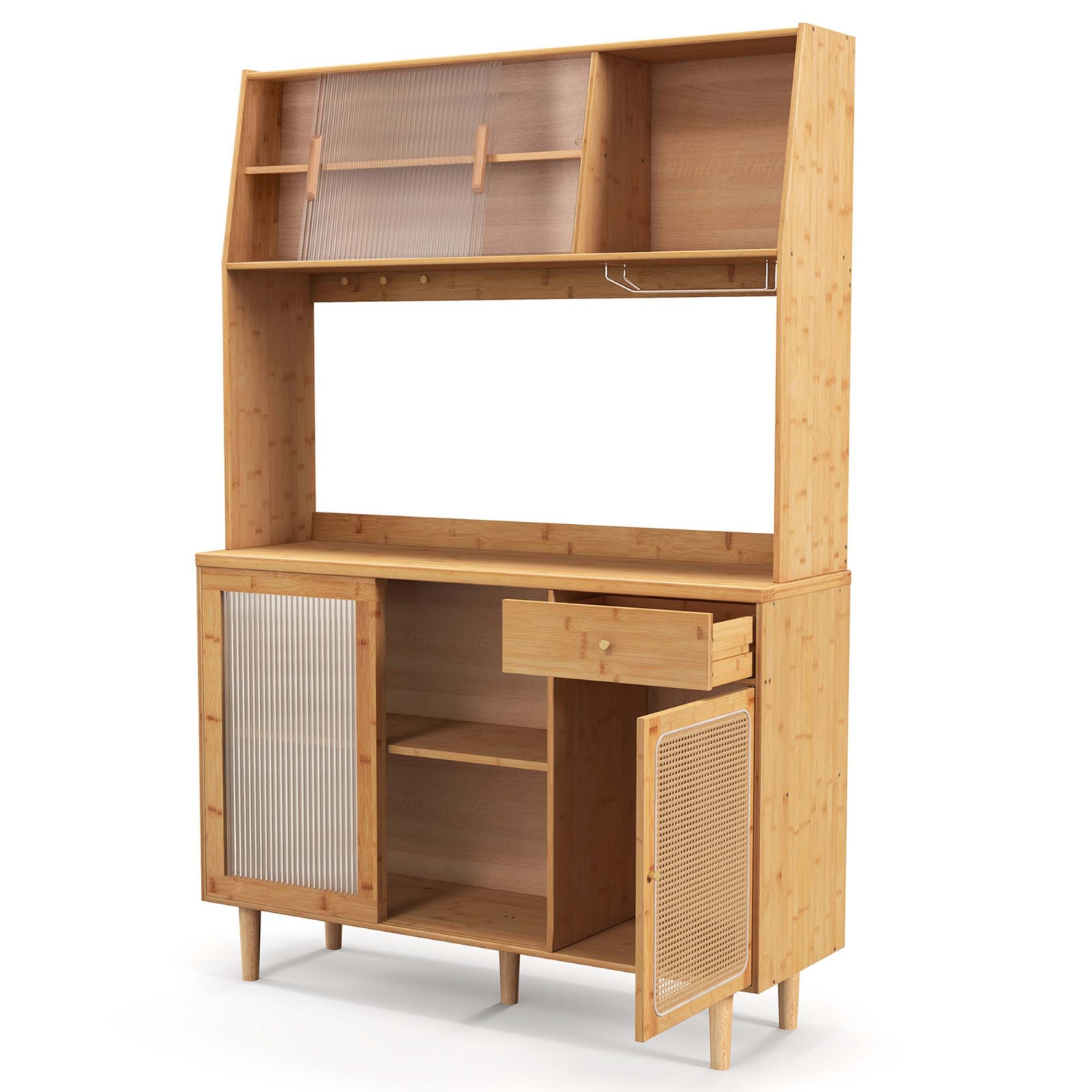 Costway Bamboo Buffet Cabinet Wine Bar Pantry Cupboard Sideboard with Rattan Sliding Door