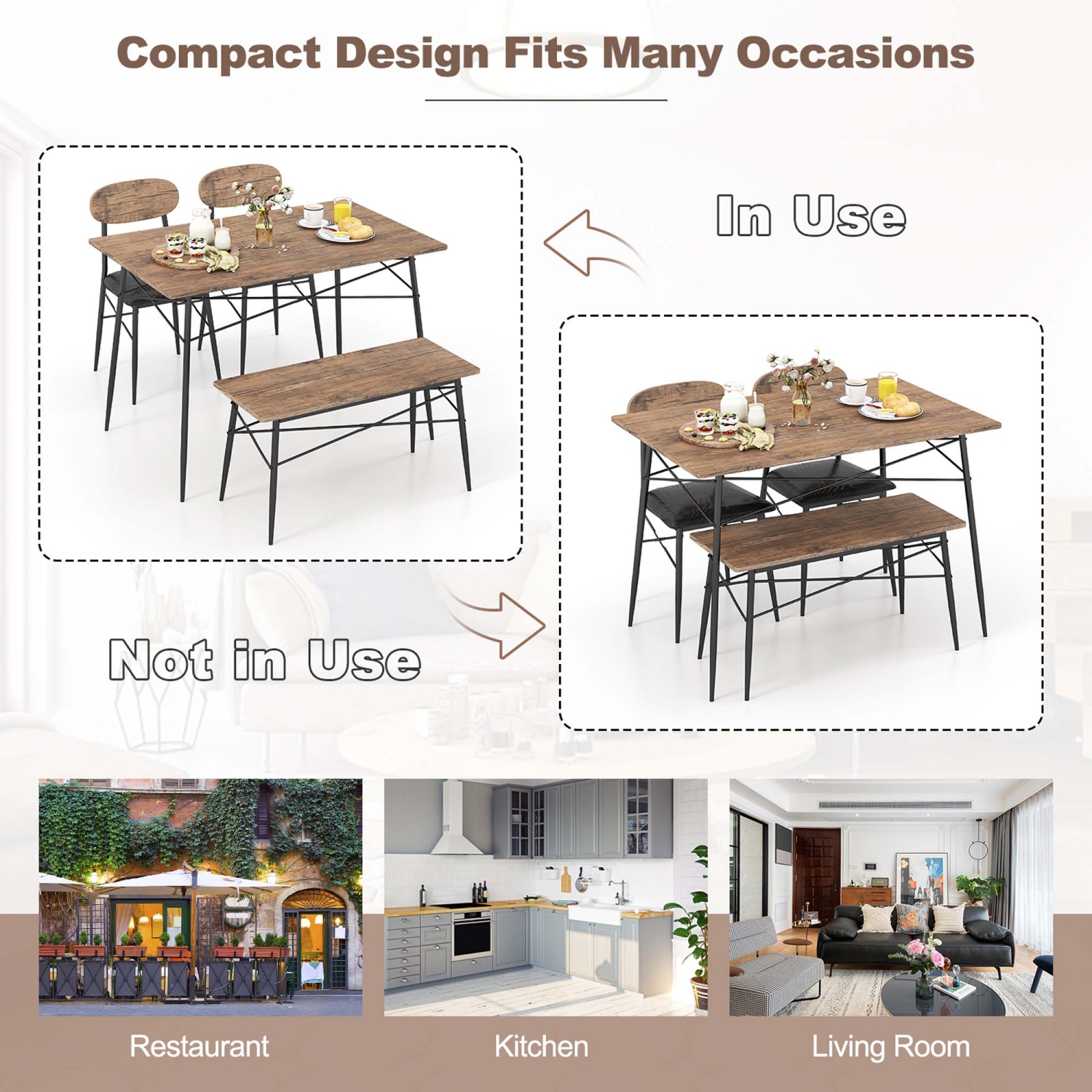 Costway 4 Piece Dining Table Set with Bench & 2 Faux Leather Upholstered Chairs for Kitchen