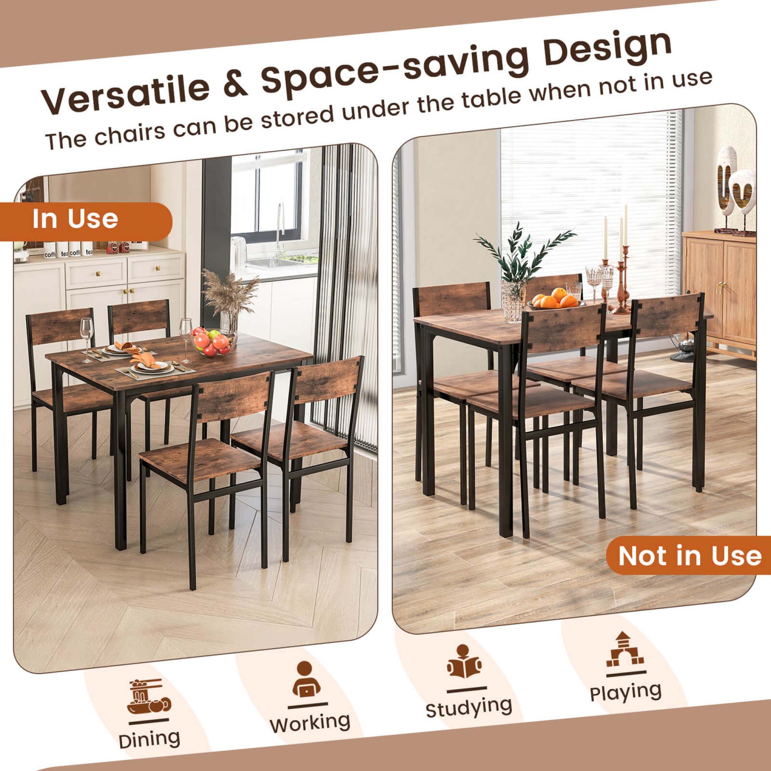 Costway 5 PCS Dining Table Set Industrial Style Kitchen Table & Chairs for 4 Gray Gray/Brown
