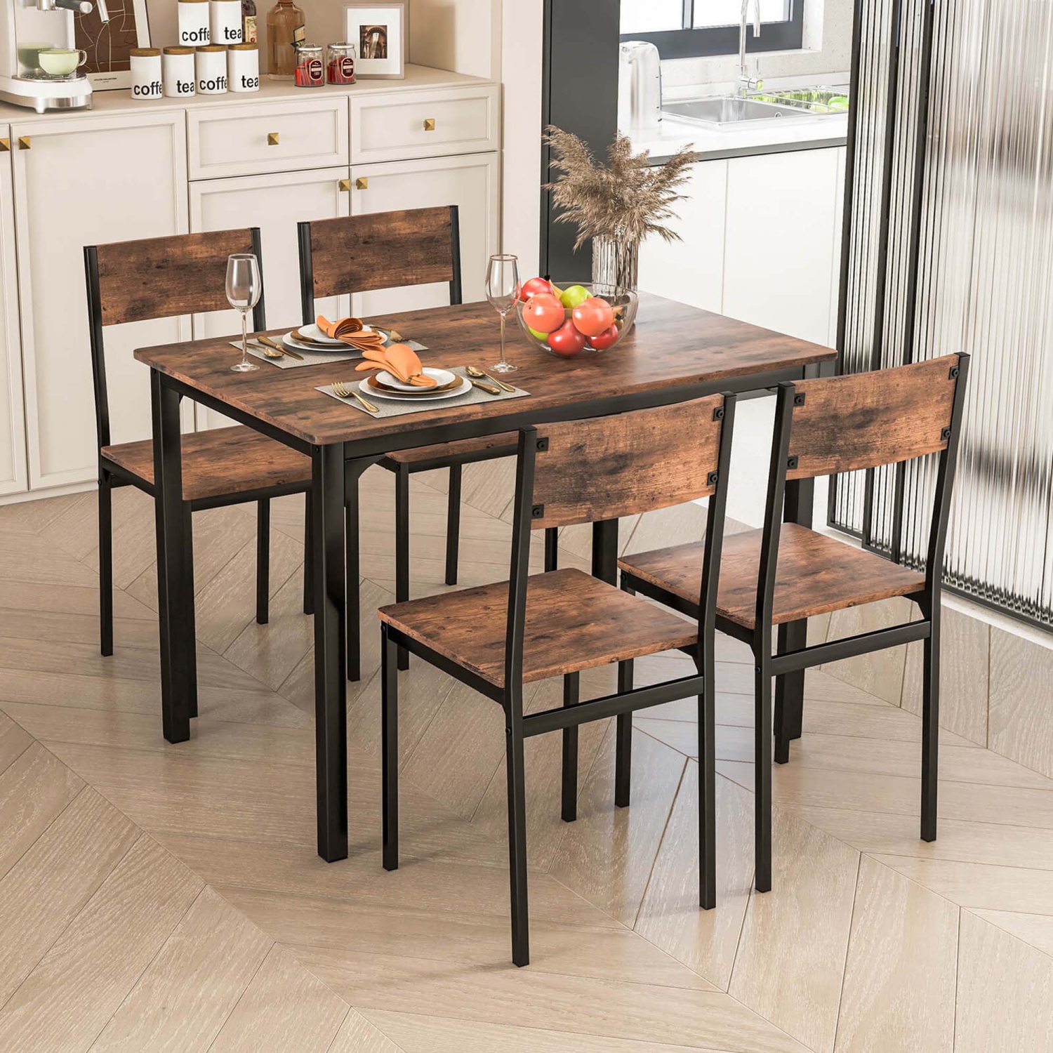 Costway 5 PCS Dining Table Set Industrial Style Kitchen Table & Chairs for 4 Gray Gray/Brown