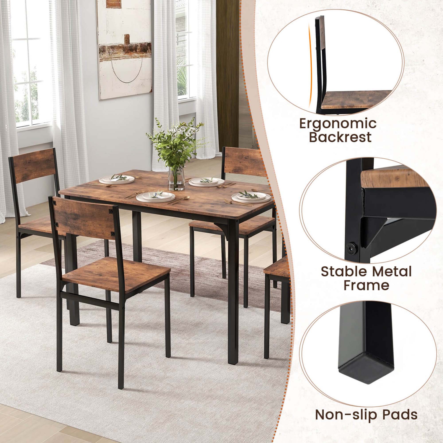 Costway 5 PCS Dining Table Set Industrial Style Kitchen Table & Chairs for 4 Gray Gray/Brown