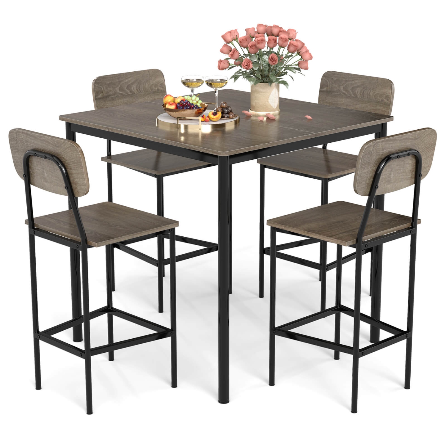Costway 5-Piece Industrial Dining Table Set with Counter Height Table & 4 Bar Stools