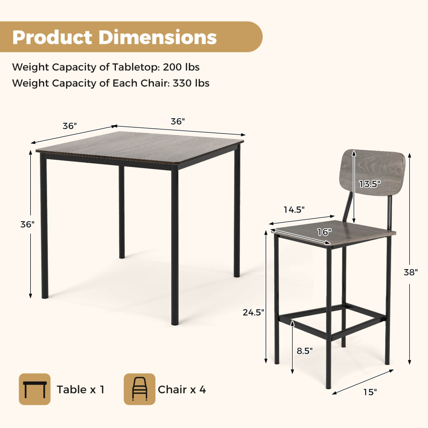 Costway 5-Piece Industrial Dining Table Set with Counter Height Table & 4 Bar Stools