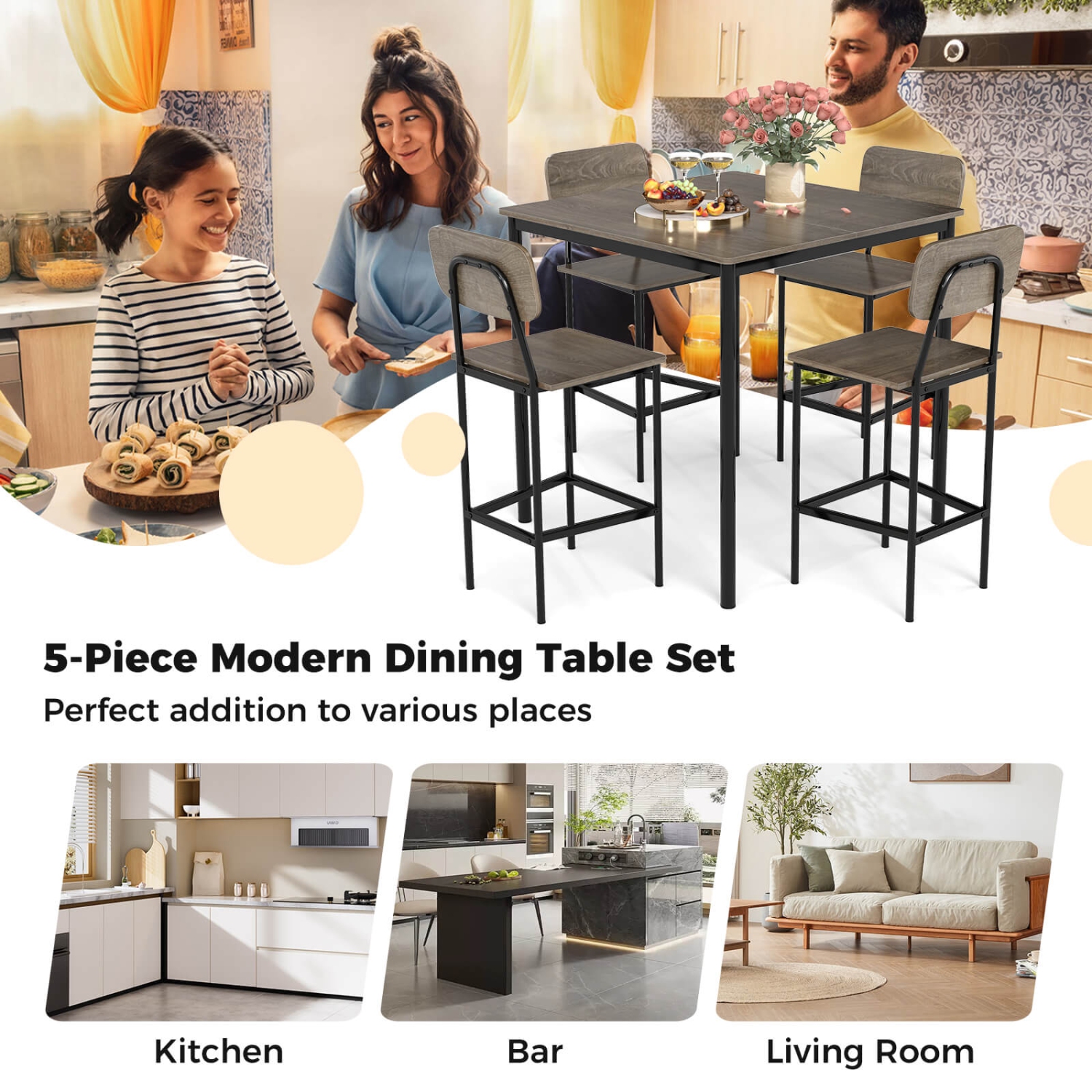 Costway 5-Piece Industrial Dining Table Set with Counter Height Table & 4 Bar Stools