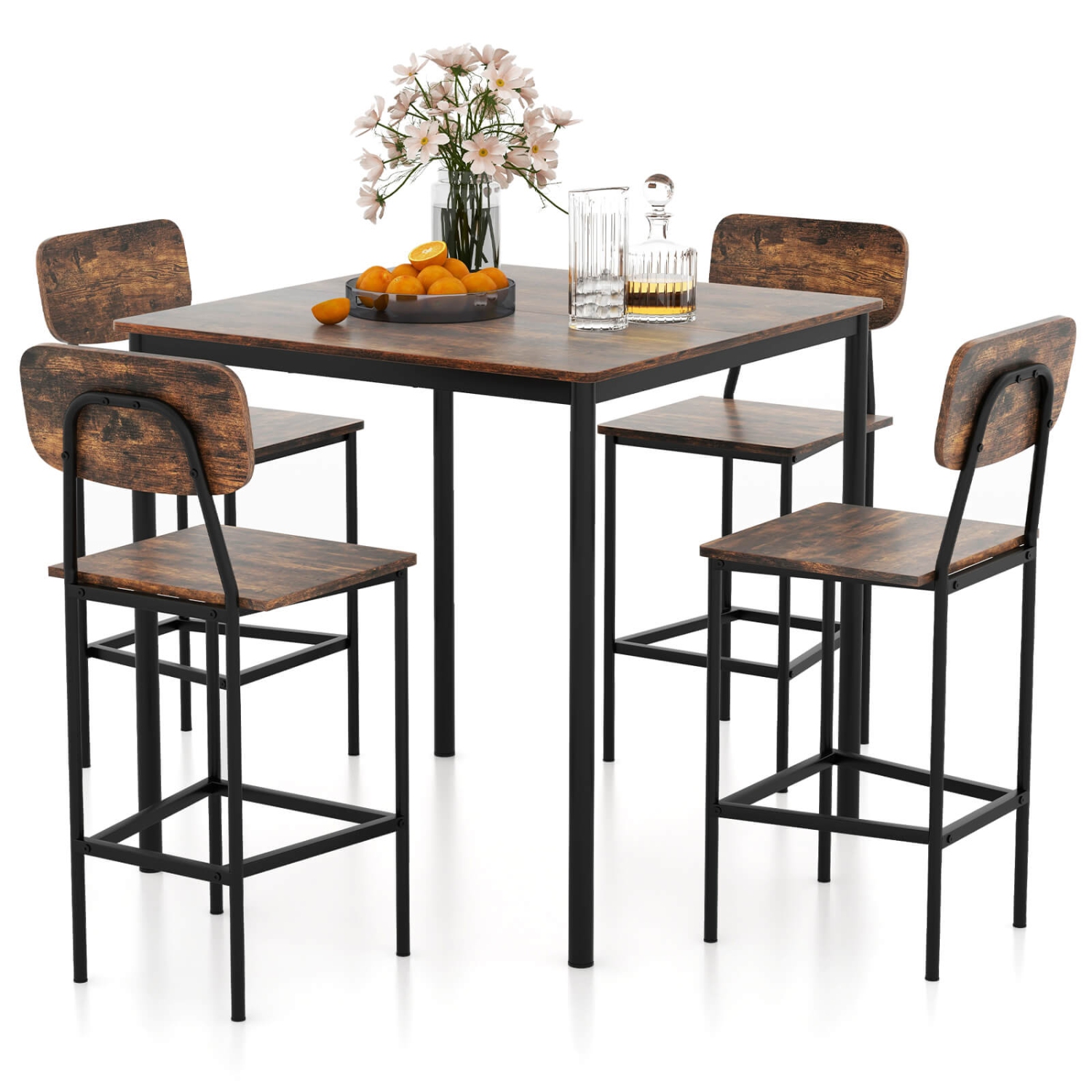 Ensemble table et chaises de style industriel de Costway, 5 pièces avec table à hauteur de comptoir et 4 tabourets de bar