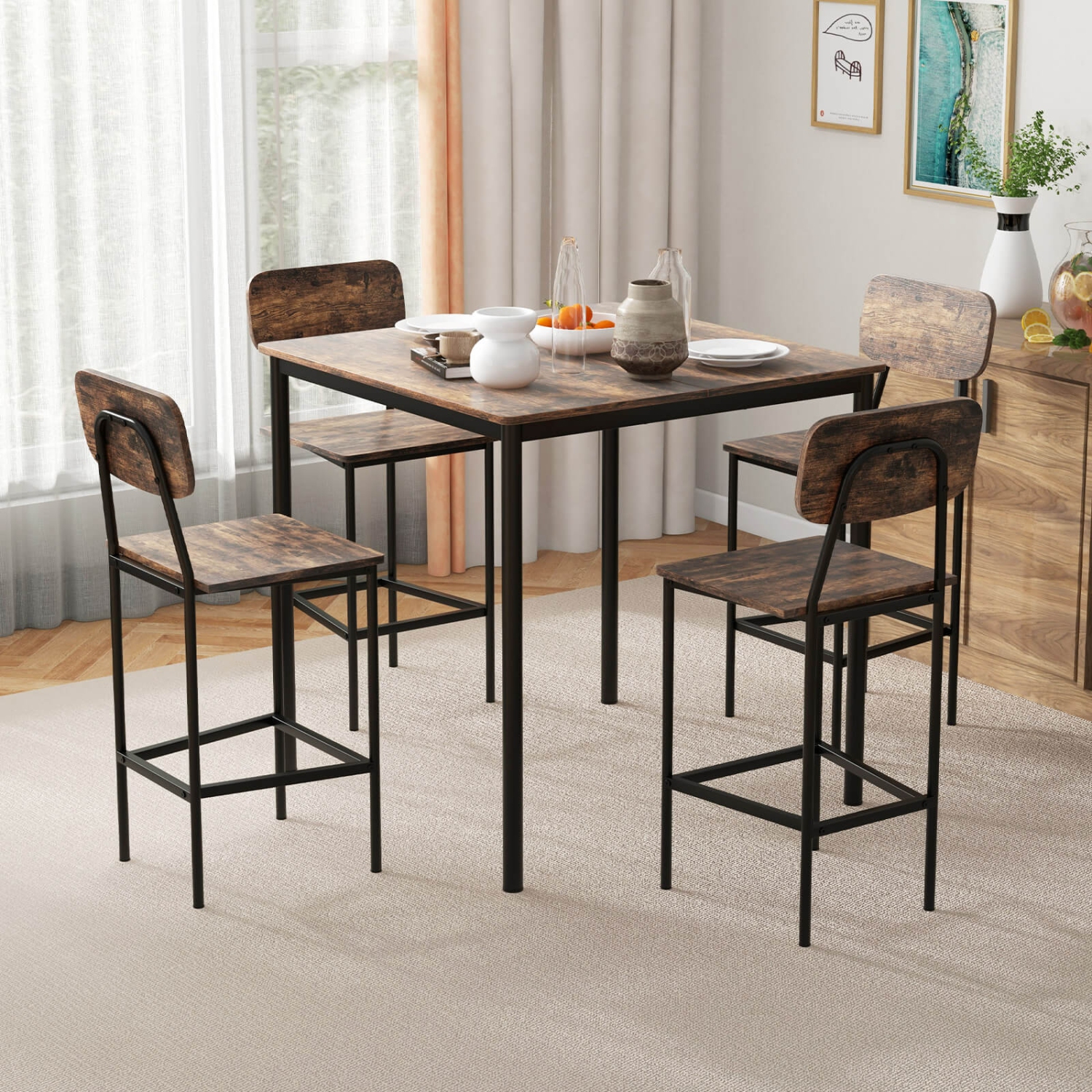 Ensemble table et chaises de style industriel de Costway, 5 pièces avec table à hauteur de comptoir et 4 tabourets de bar
