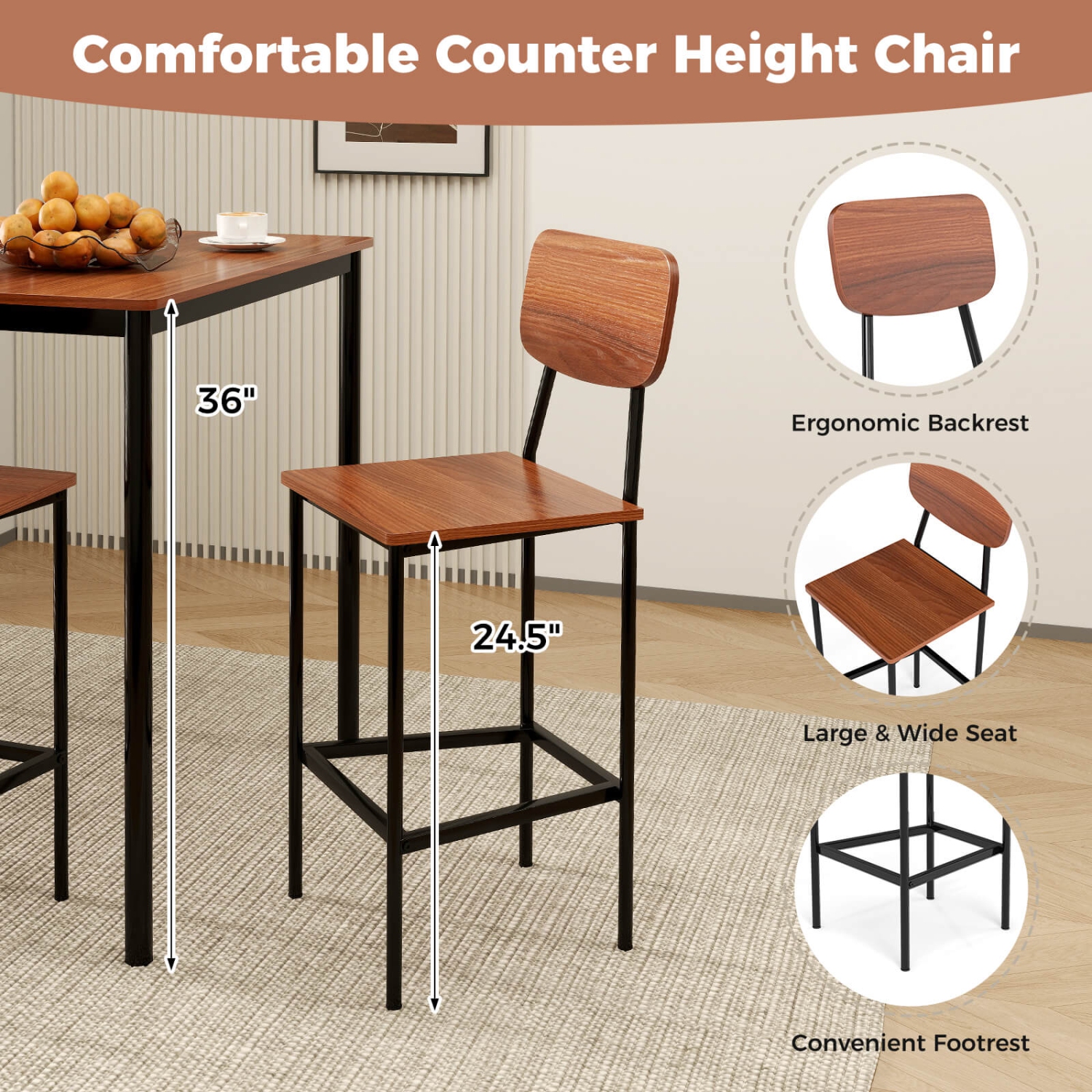 Costway 5-Piece Industrial Dining Table Set with Counter Height Table & 4 Bar Stools