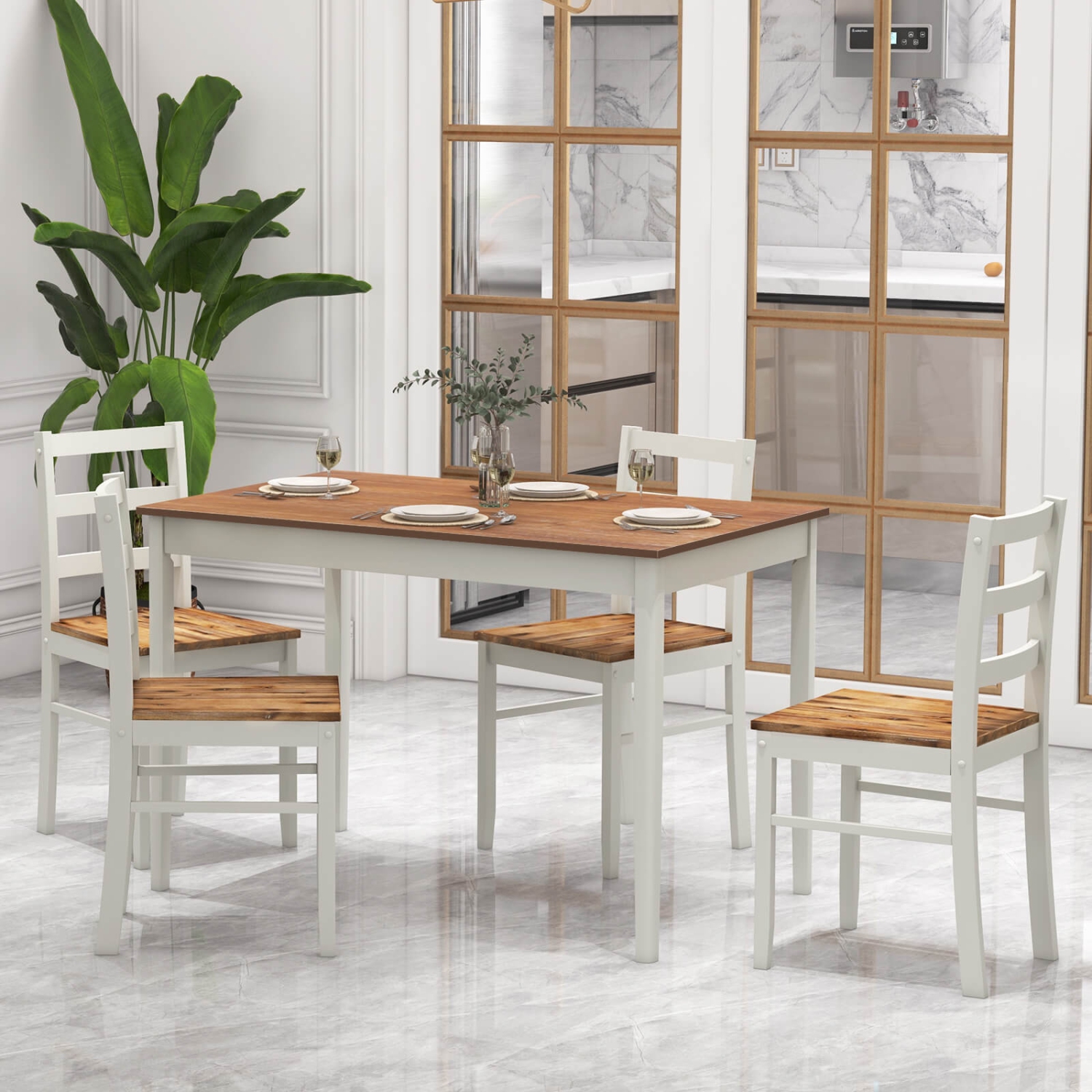 Costway 5-Piece Dining Set Solid Wood Kitchen Furniture with Rectangular Table & 4 Chairs