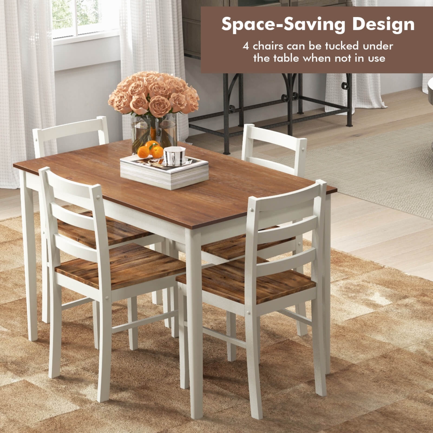 Costway 5-Piece Dining Set Solid Wood Kitchen Furniture with Rectangular Table & 4 Chairs