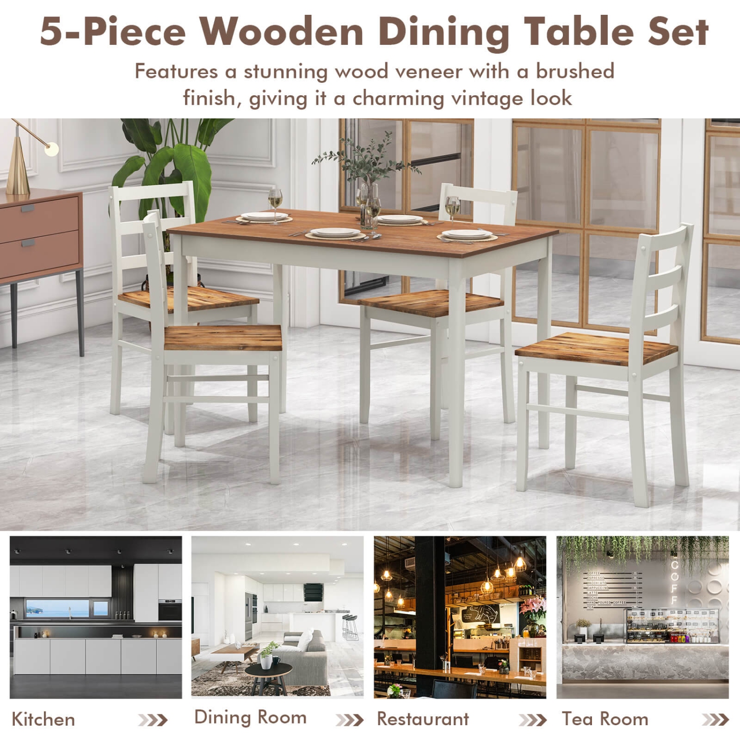 Costway 5-Piece Dining Set Solid Wood Kitchen Furniture with Rectangular Table & 4 Chairs