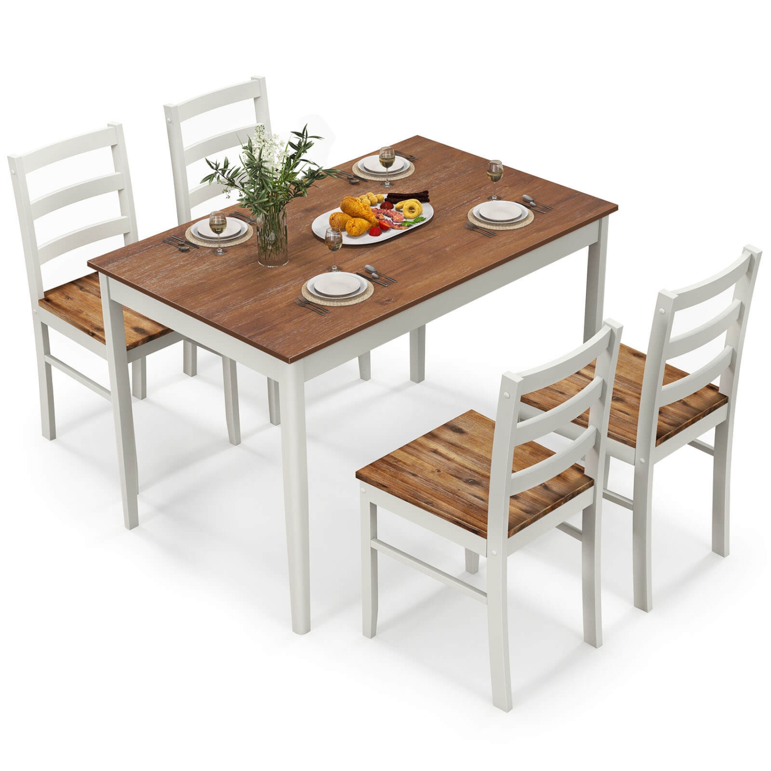 Costway 5-Piece Dining Set Solid Wood Kitchen Furniture with Rectangular Table & 4 Chairs