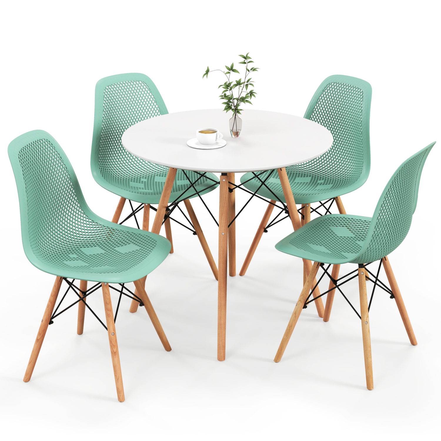 Costway 5 PCS Dining Table Set for 4 Persons Modern Round Table & 4 Chairs with Wood Leg