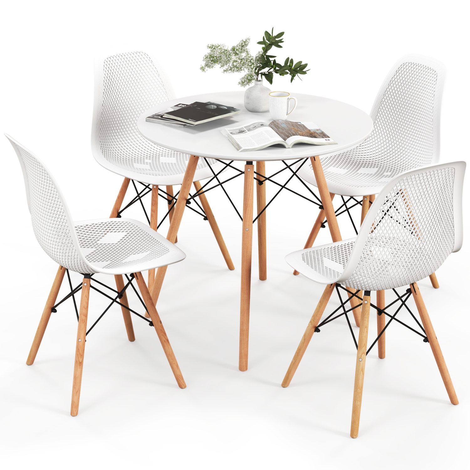 Costway 5 PCS Dining Table Set for 4 Persons Modern Round Table & 4 Chairs with Wood Leg