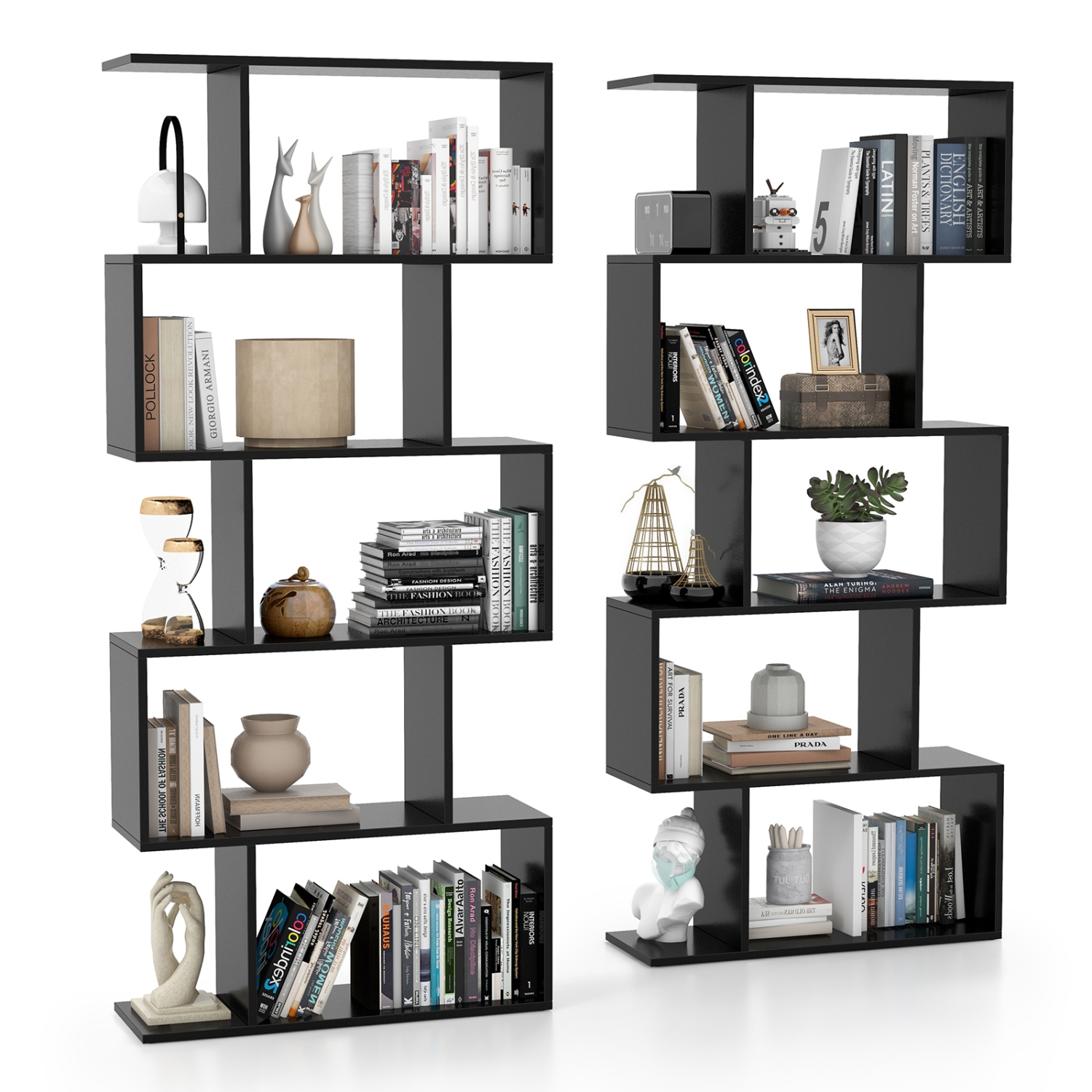 Costway 2 PCS 5-Tier Bookshelf Geometric S-Shaped Bookcase Room Divider Storage Display
