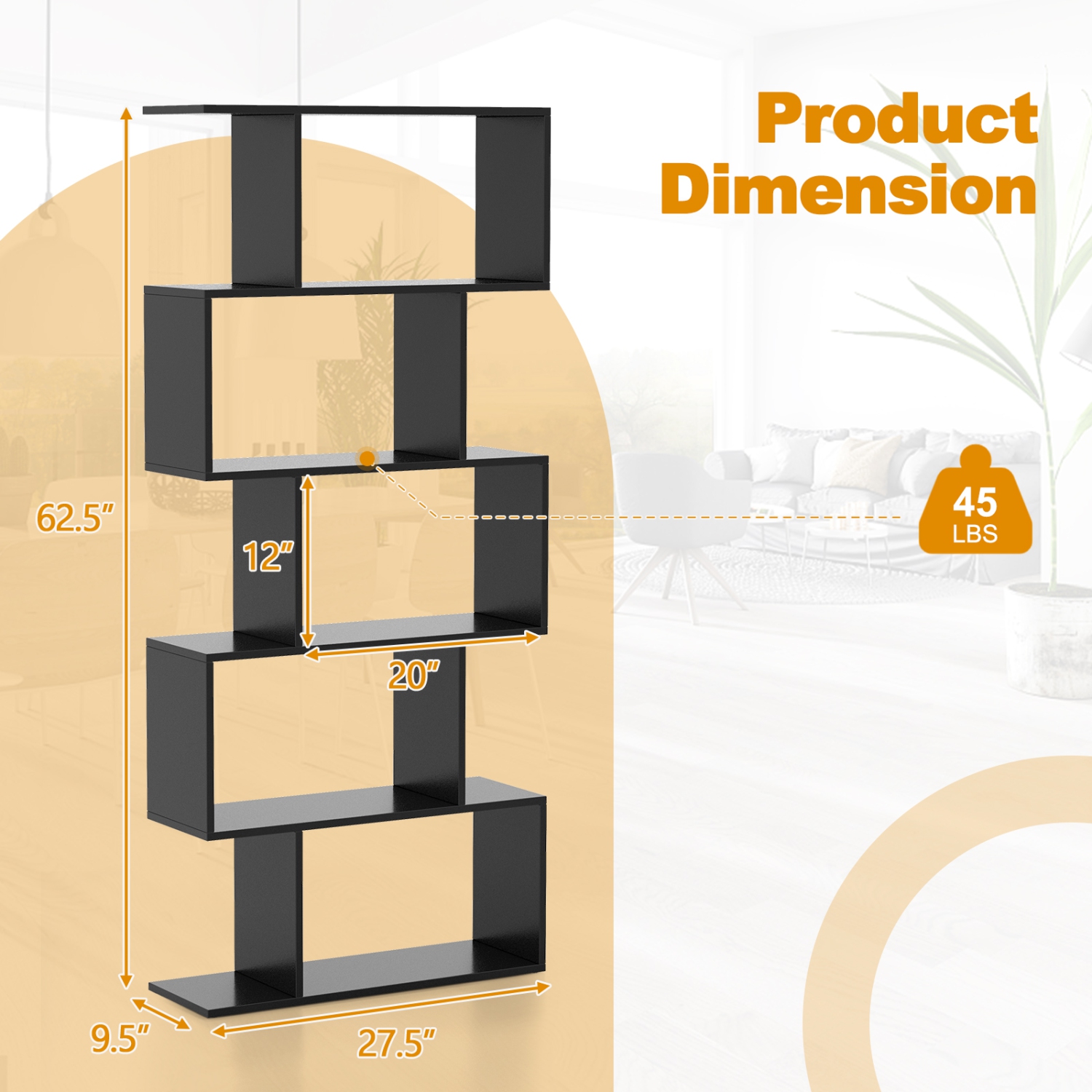 Costway 2 PCS 5-Tier Bookshelf Geometric S-Shaped Bookcase Room Divider Storage Display