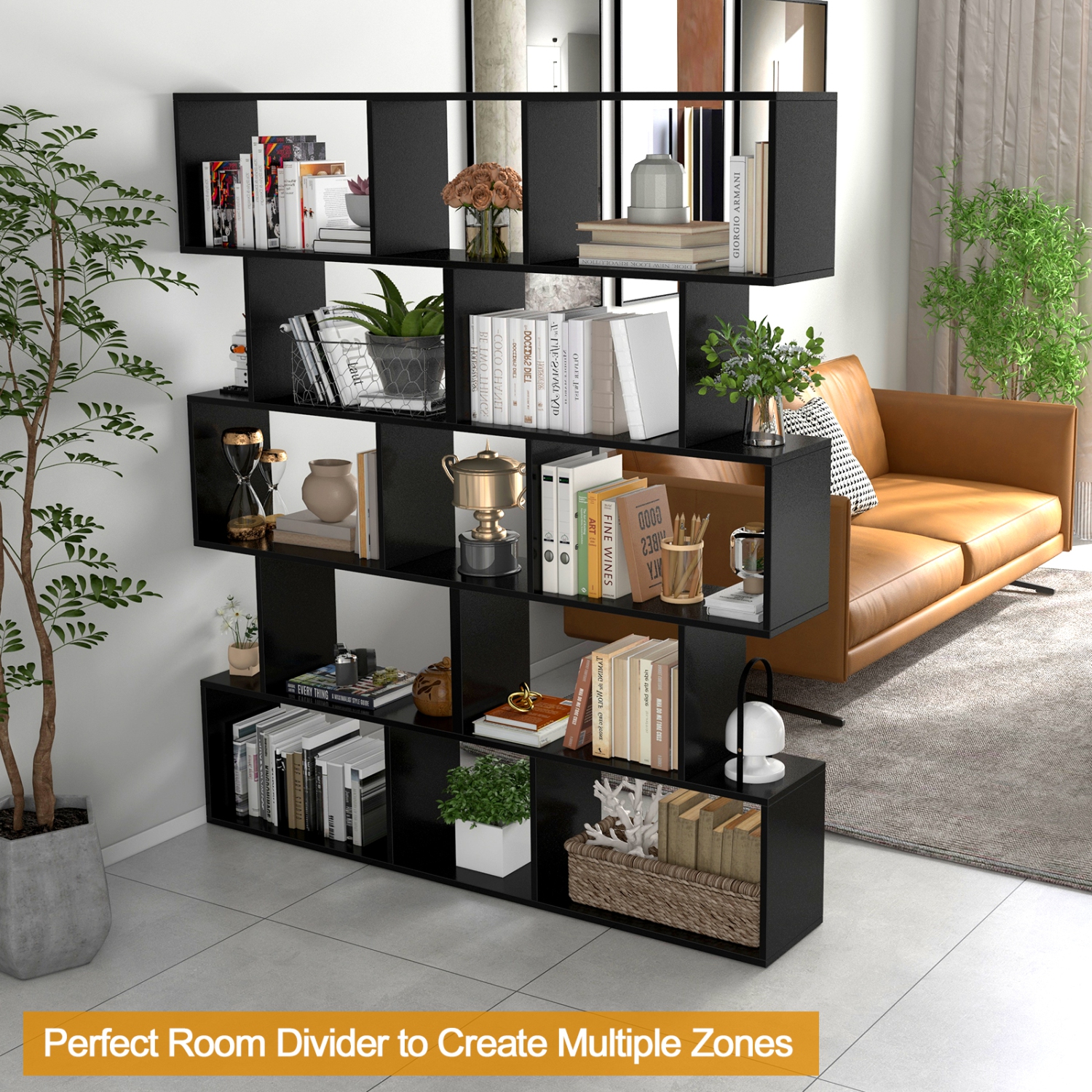 Costway 2 PCS 5-Tier Bookshelf Geometric S-Shaped Bookcase Room Divider Storage Display