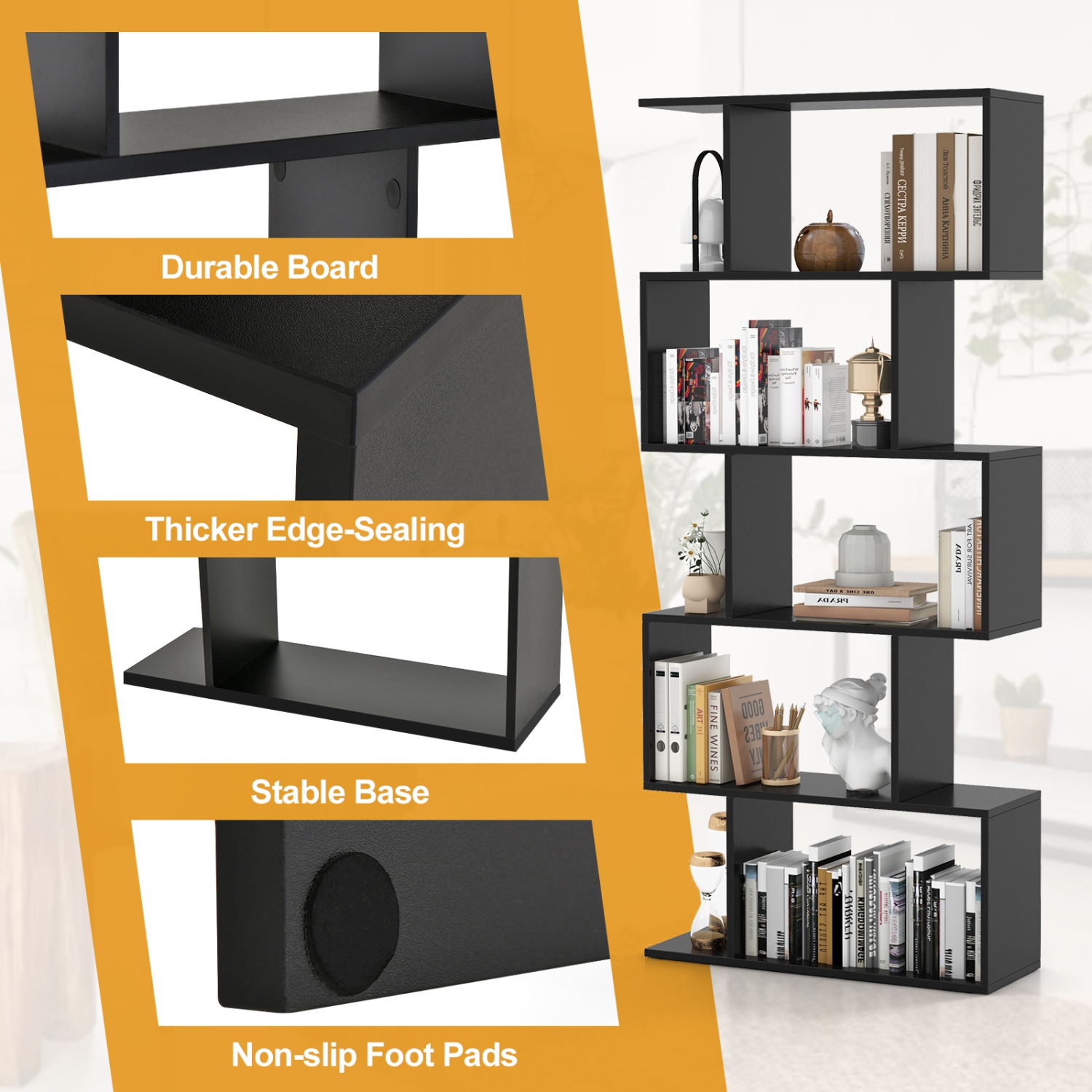 Costway 2 PCS 5-Tier Bookshelf Geometric S-Shaped Bookcase Room Divider Storage Display