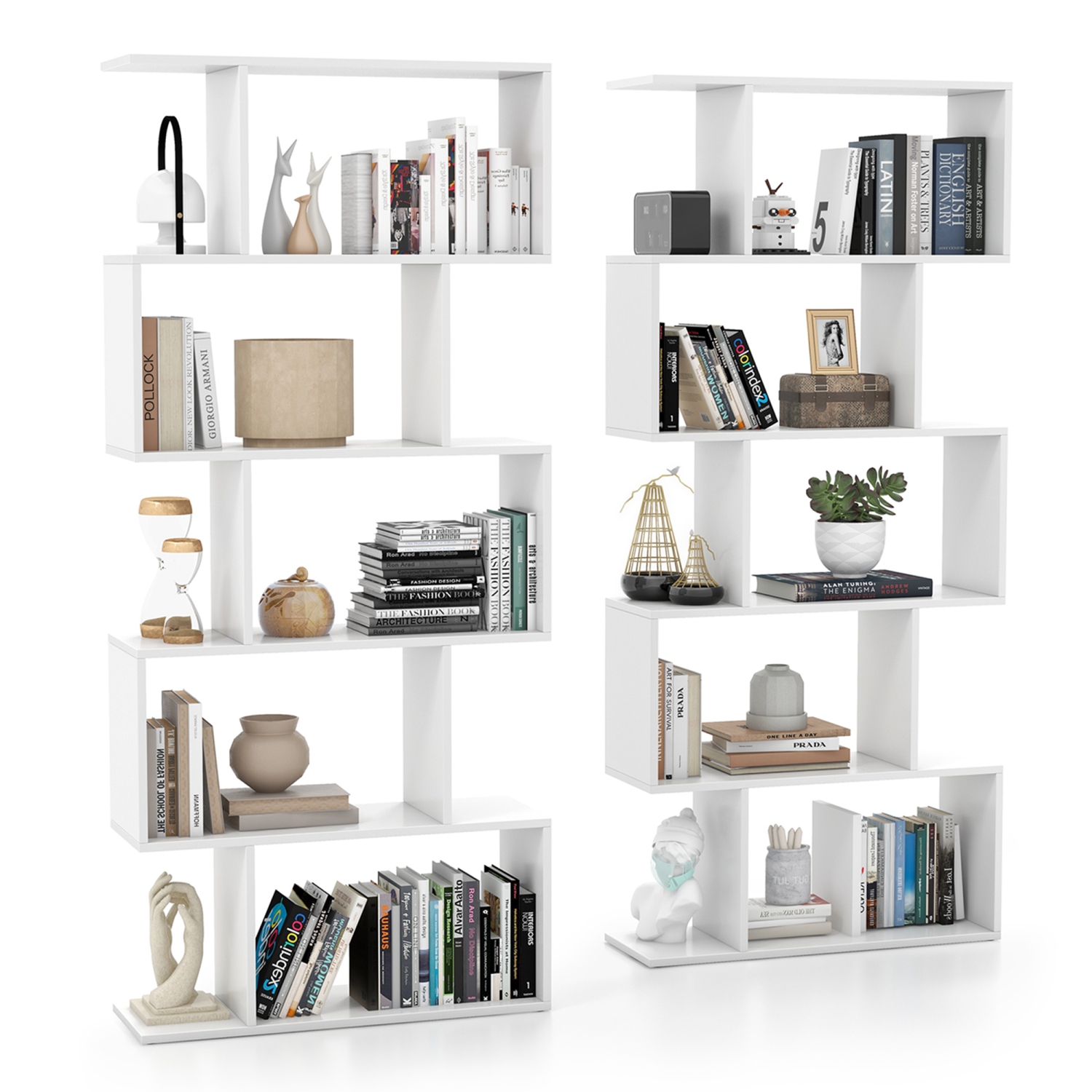 Costway 2 PCS 5-Tier Bookshelf Geometric S-Shaped Bookcase Room Divider Storage Display