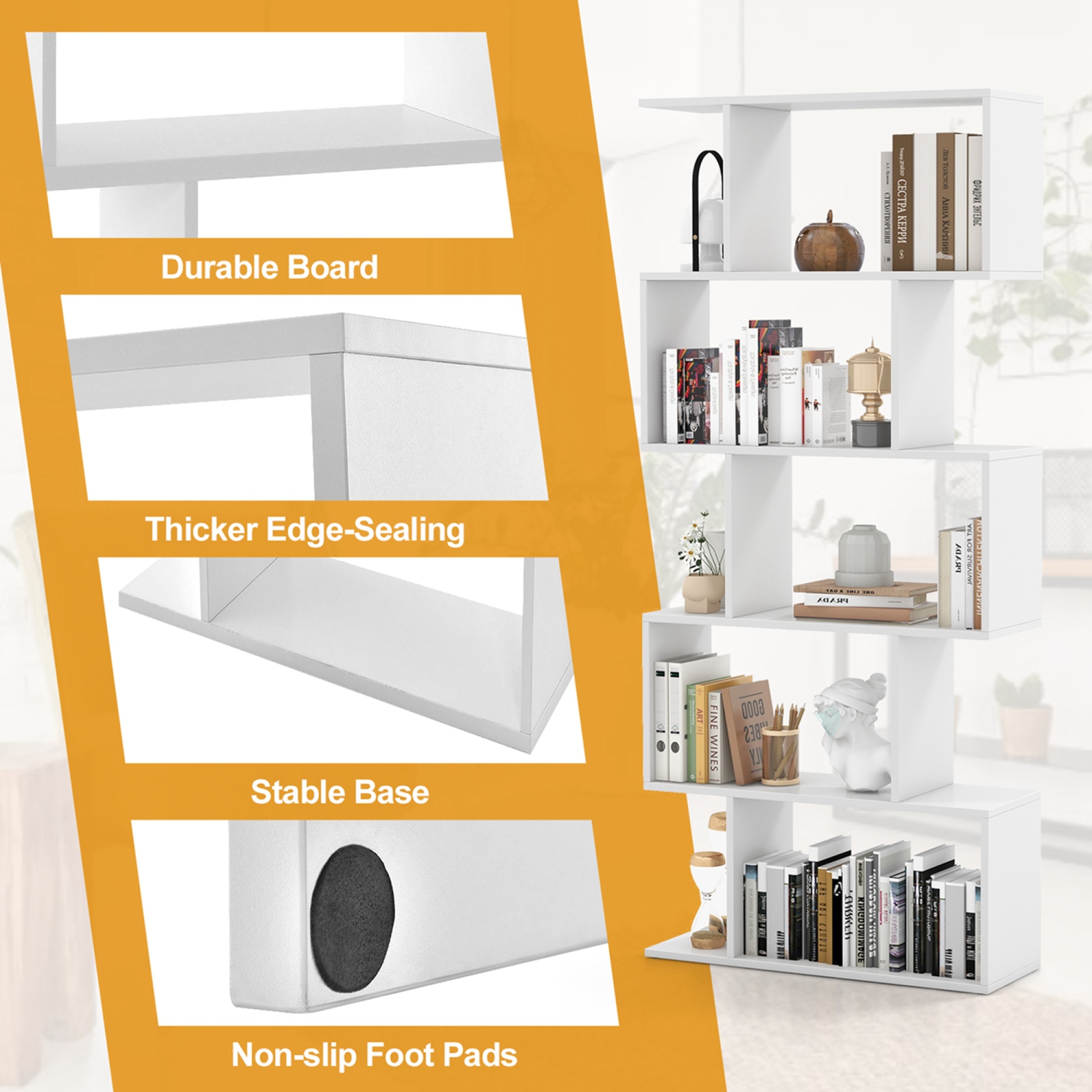 Costway 2 PCS 5-Tier Bookshelf Geometric S-Shaped Bookcase Room Divider Storage Display