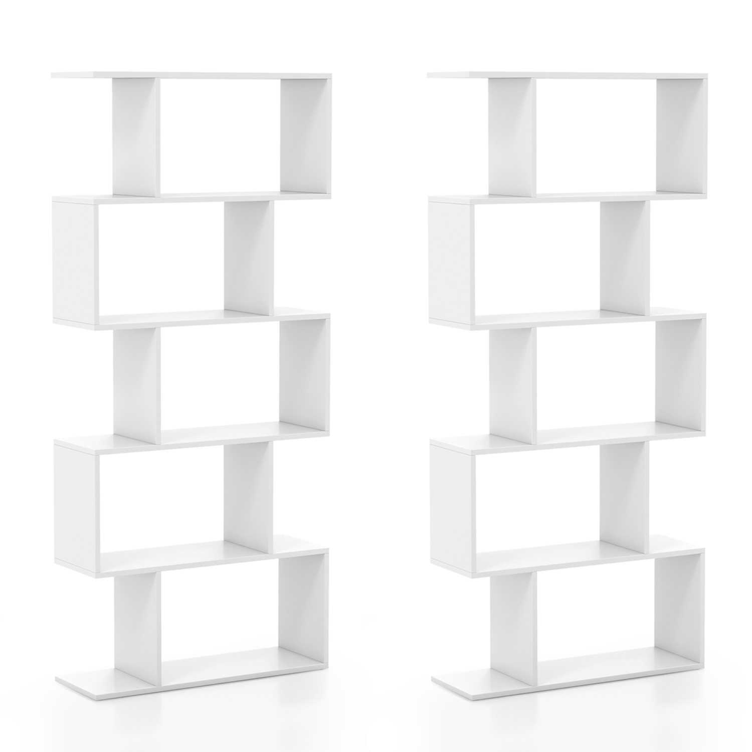 Costway 2 PCS 5-Tier Bookshelf Geometric S-Shaped Bookcase Room Divider Storage Display