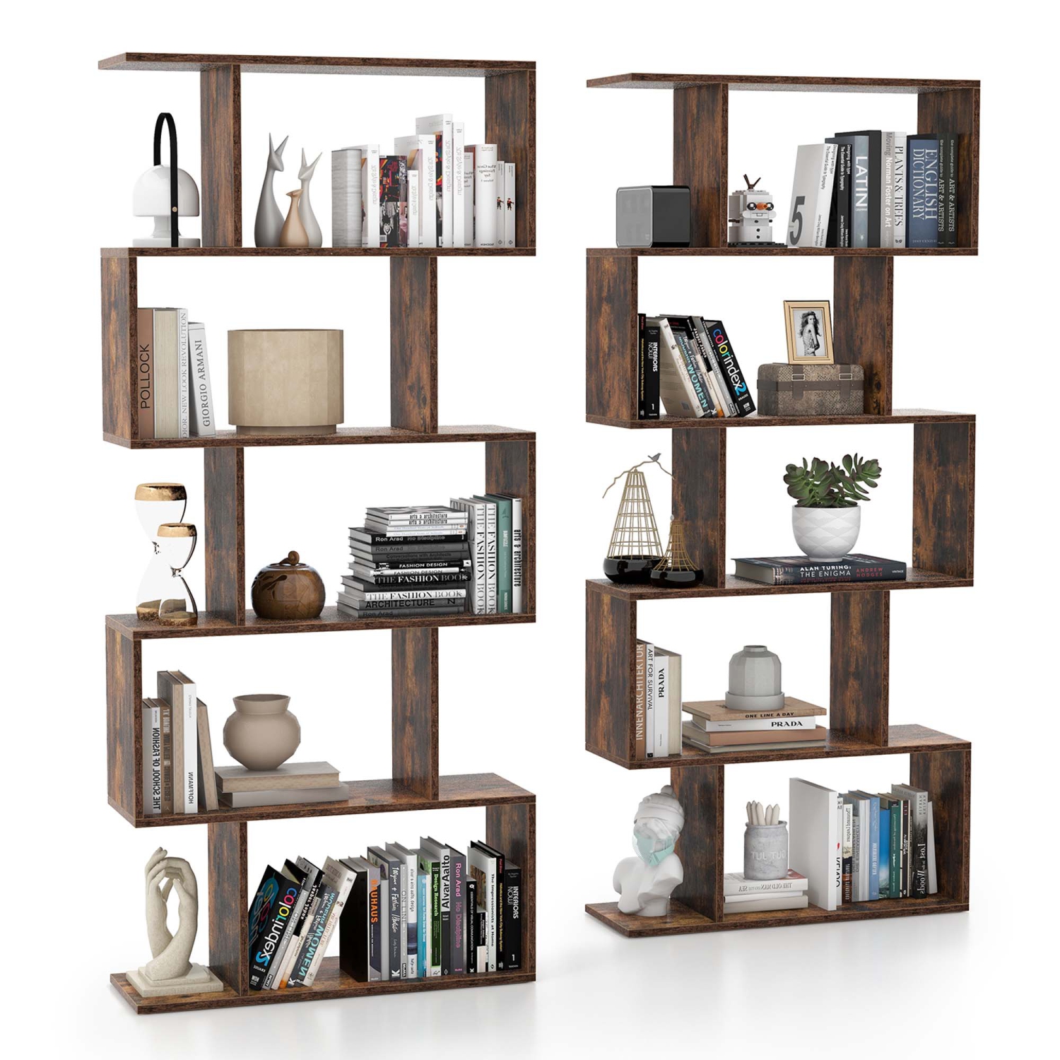 Costway 2 PCS 5-Tier Bookshelf Geometric S-Shaped Bookcase Room Divider Storage Display