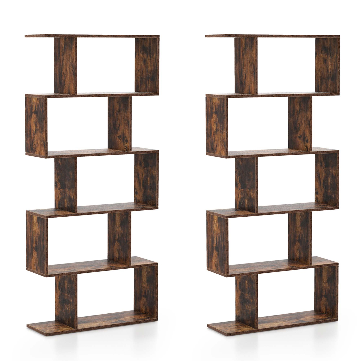 Costway 2 PCS 5-Tier Bookshelf Geometric S-Shaped Bookcase Room Divider Storage Display