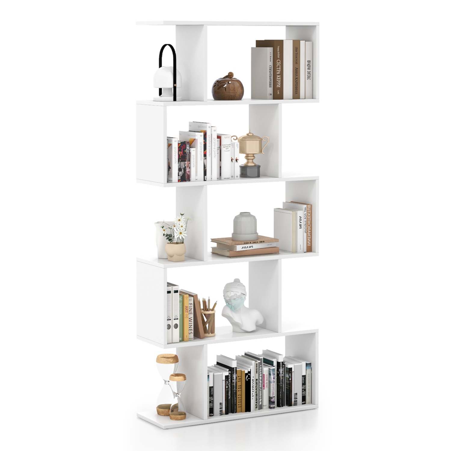 Costway 5-Tier Bookshelf Geometric S-Shaped Bookcase Room Divider Storage Display Shelf