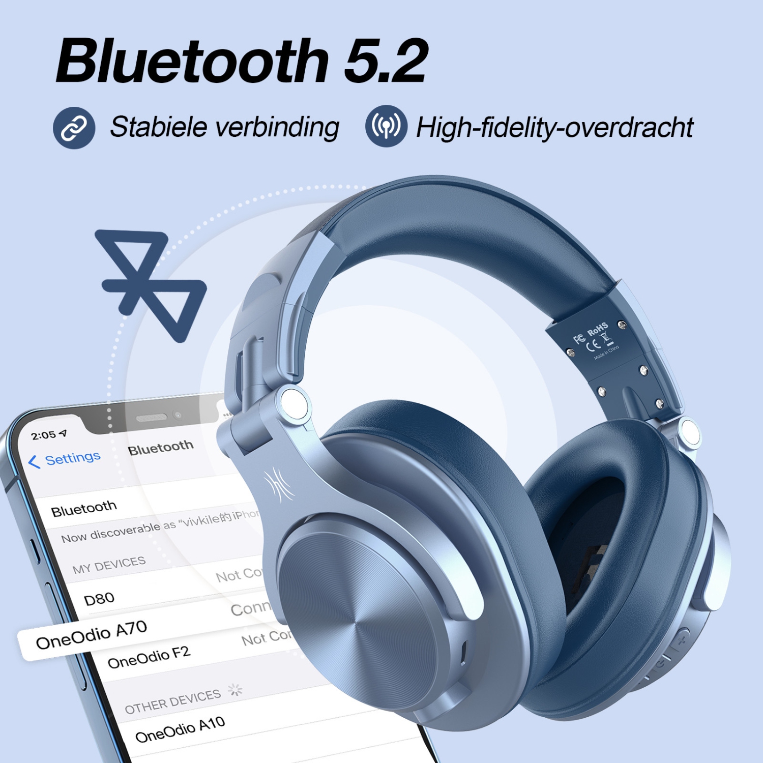 OneOdio A70 Bluetooth Wireless Bluetooth Over Ear and On-Ear Headphones with Deepbass Sound，72H Playtime,Hi-Res,Wired Audio Jack 3.5mm/6.35mm- Sky