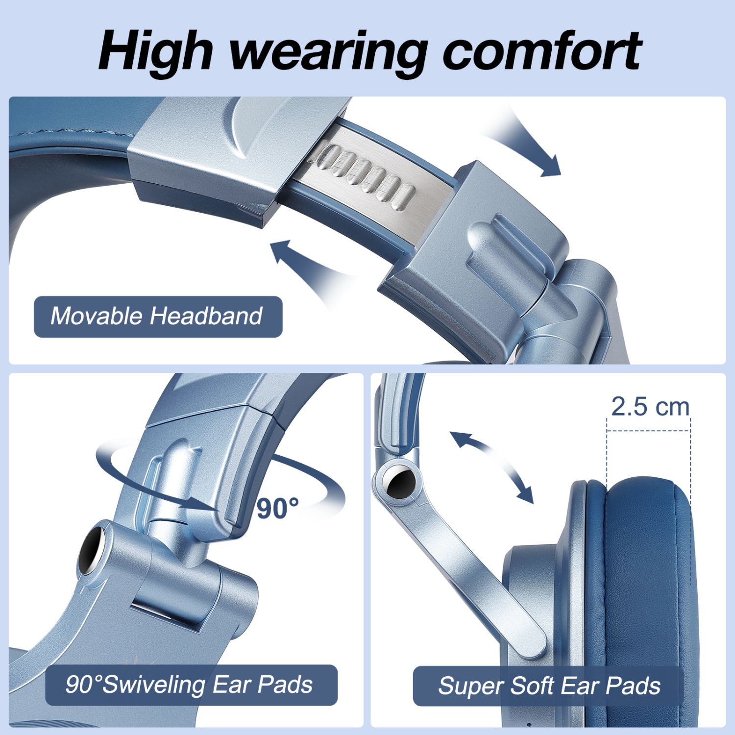 OneOdio A70 Bluetooth Wireless Bluetooth Over Ear and On-Ear Headphones with Deepbass Sound，72H Playtime,Hi-Res,Wired Audio Jack 3.5mm/6.35mm- Sky