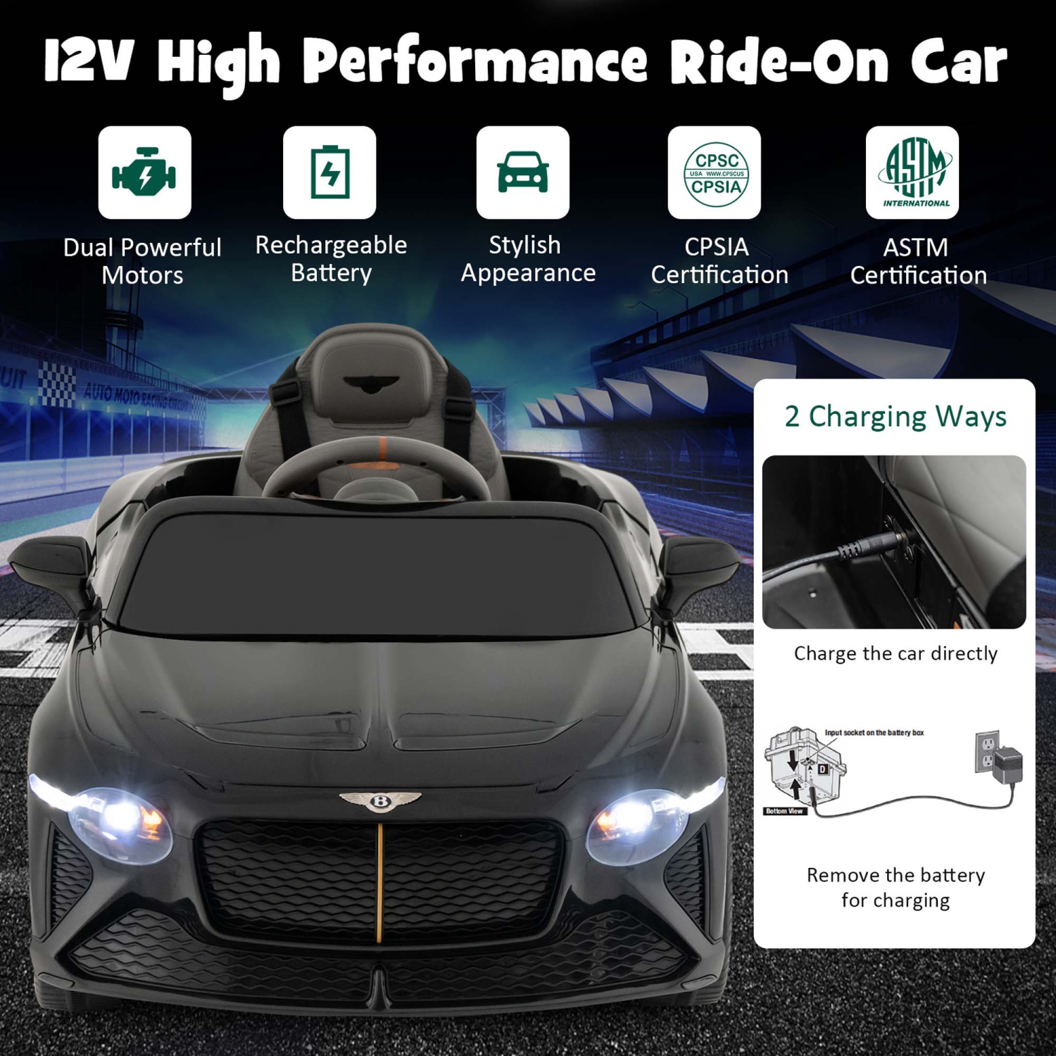 Jouet porteur électrique pour enfants Bentley Bacalar 12&nbsp;V de Costway sous licence avec télécommande