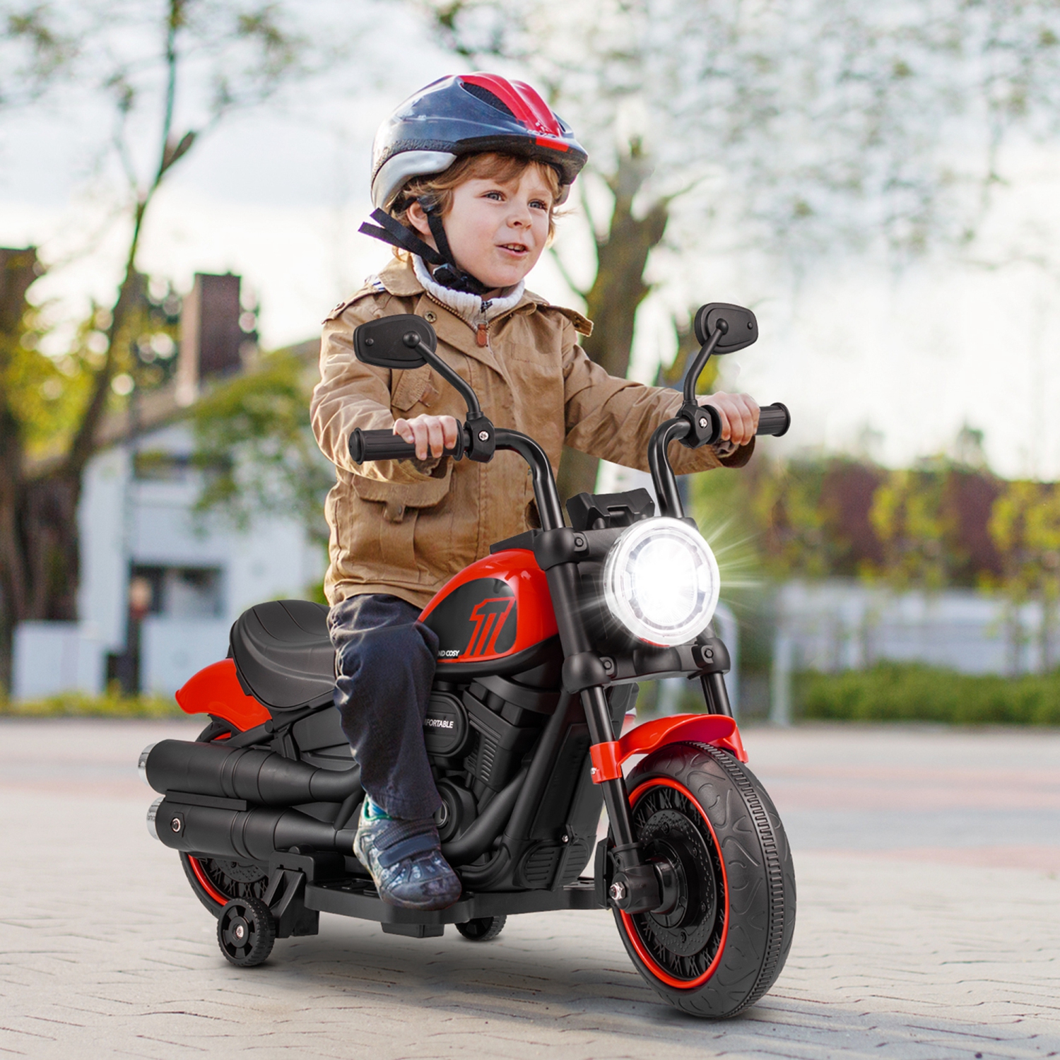 Costway 6V Kids Electric Motorcycle with Training Wheels LED Headlights Music Board