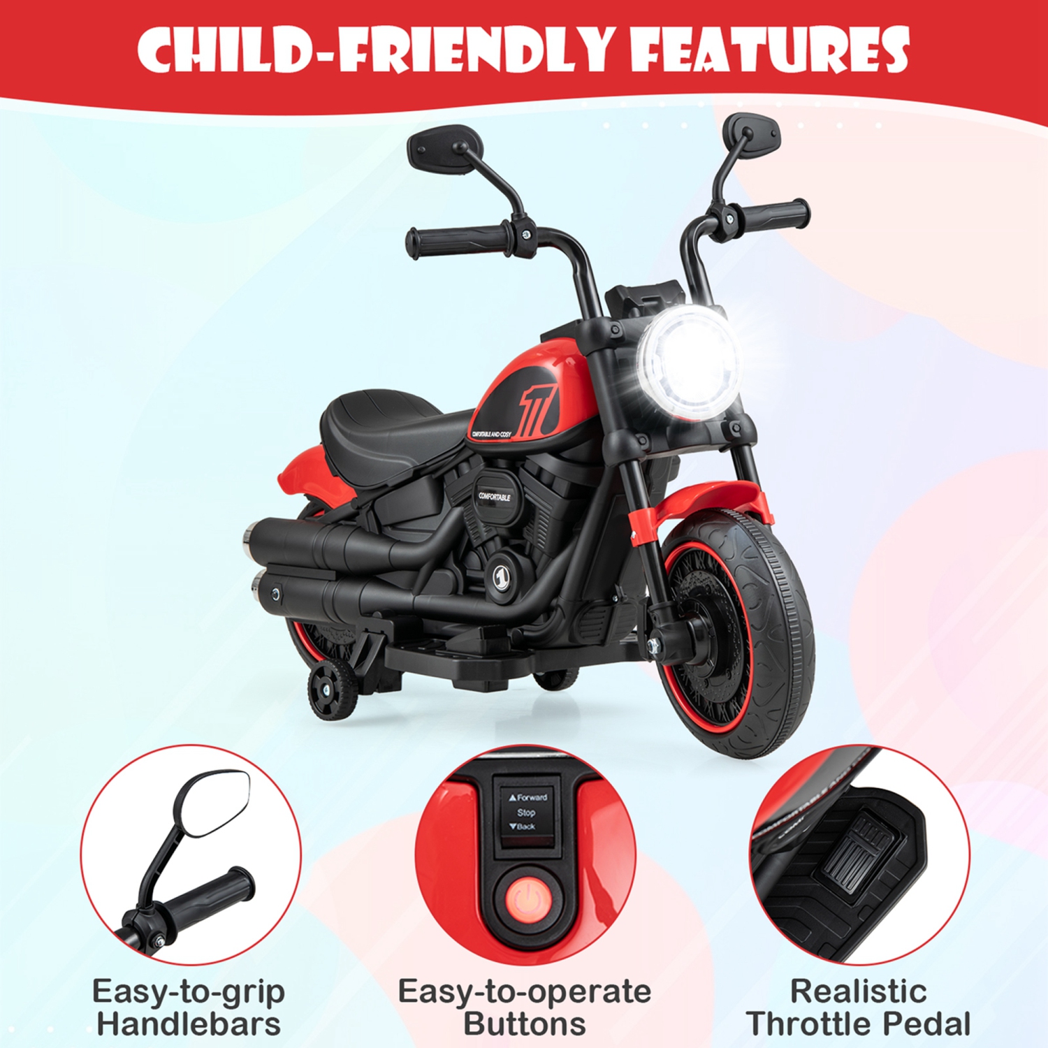 Costway 6V Kids Electric Motorcycle with Training Wheels LED Headlights Music Board