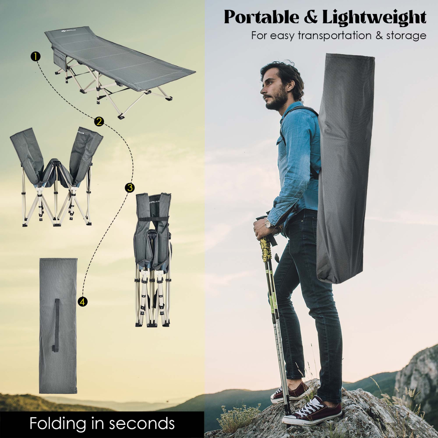 Lit de camp pliable large en acier robuste de Goplus pour l'intérieur et l'extérieur