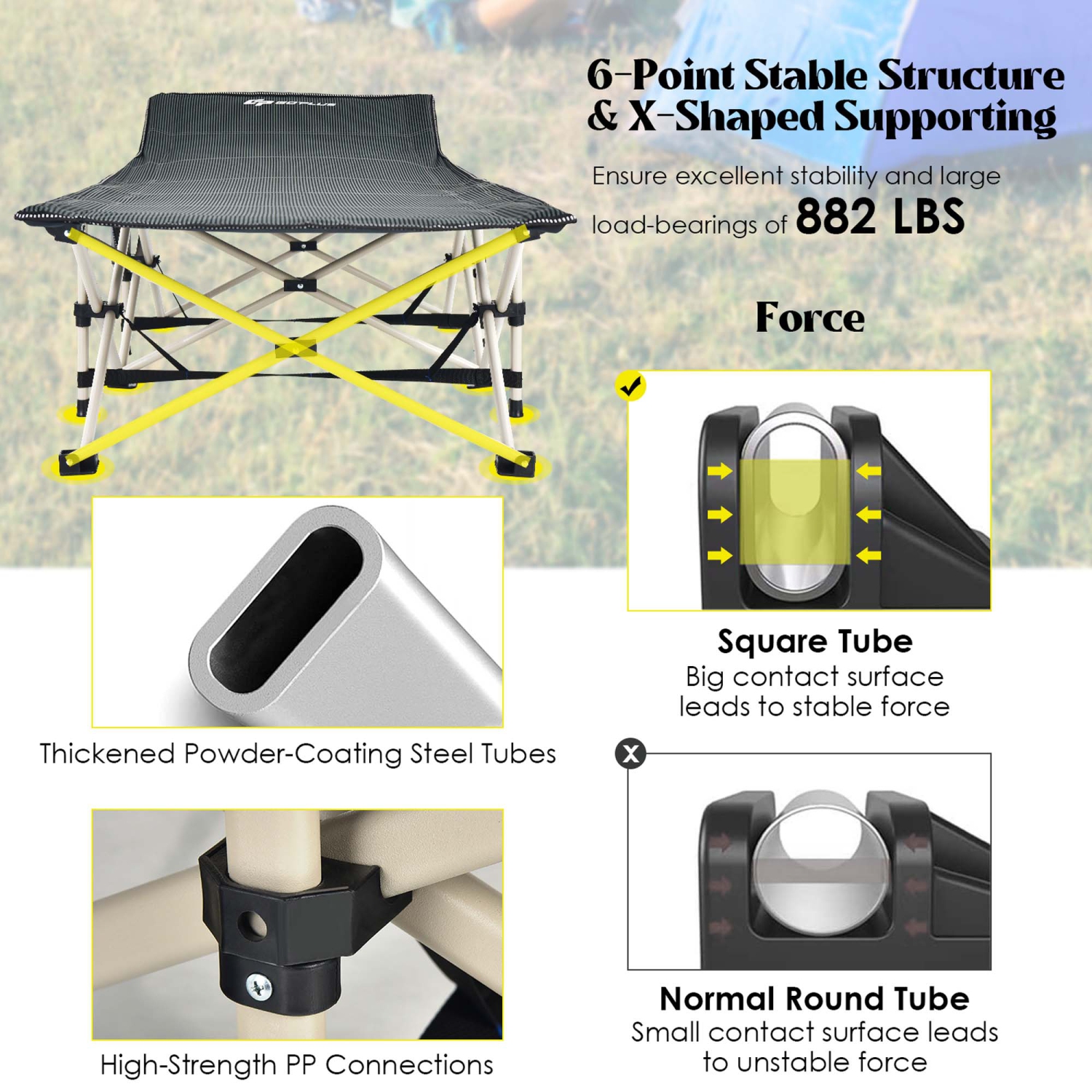 Lit de camp pliable large en acier robuste de Goplus pour l'intérieur et l'extérieur