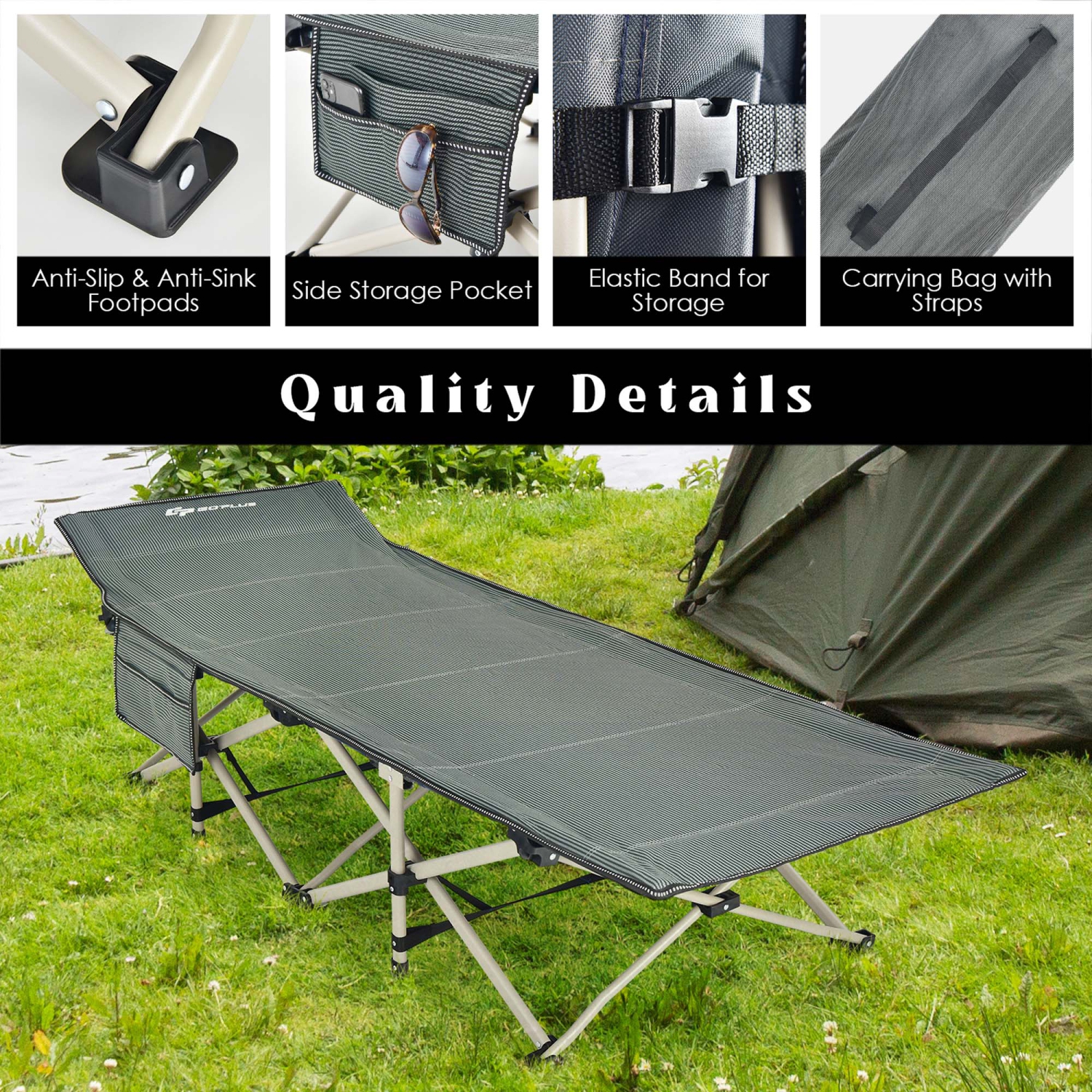 Lit de camp pliable large en acier robuste de Goplus pour l'intérieur et l'extérieur