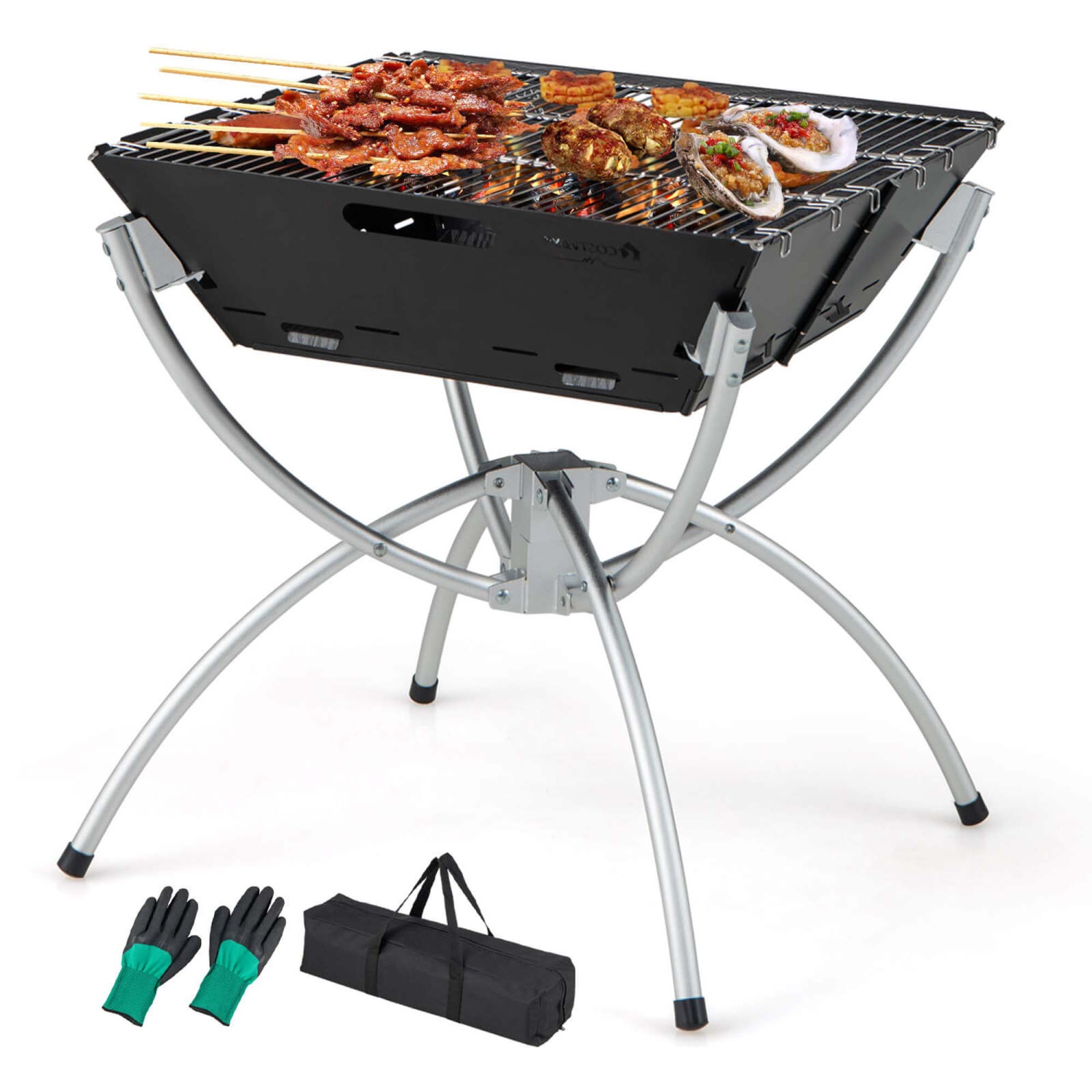 Costway 3-in-1 Portable Charcoal Grill Folding Camping Fire Pit with Carrying Bag & Gloves