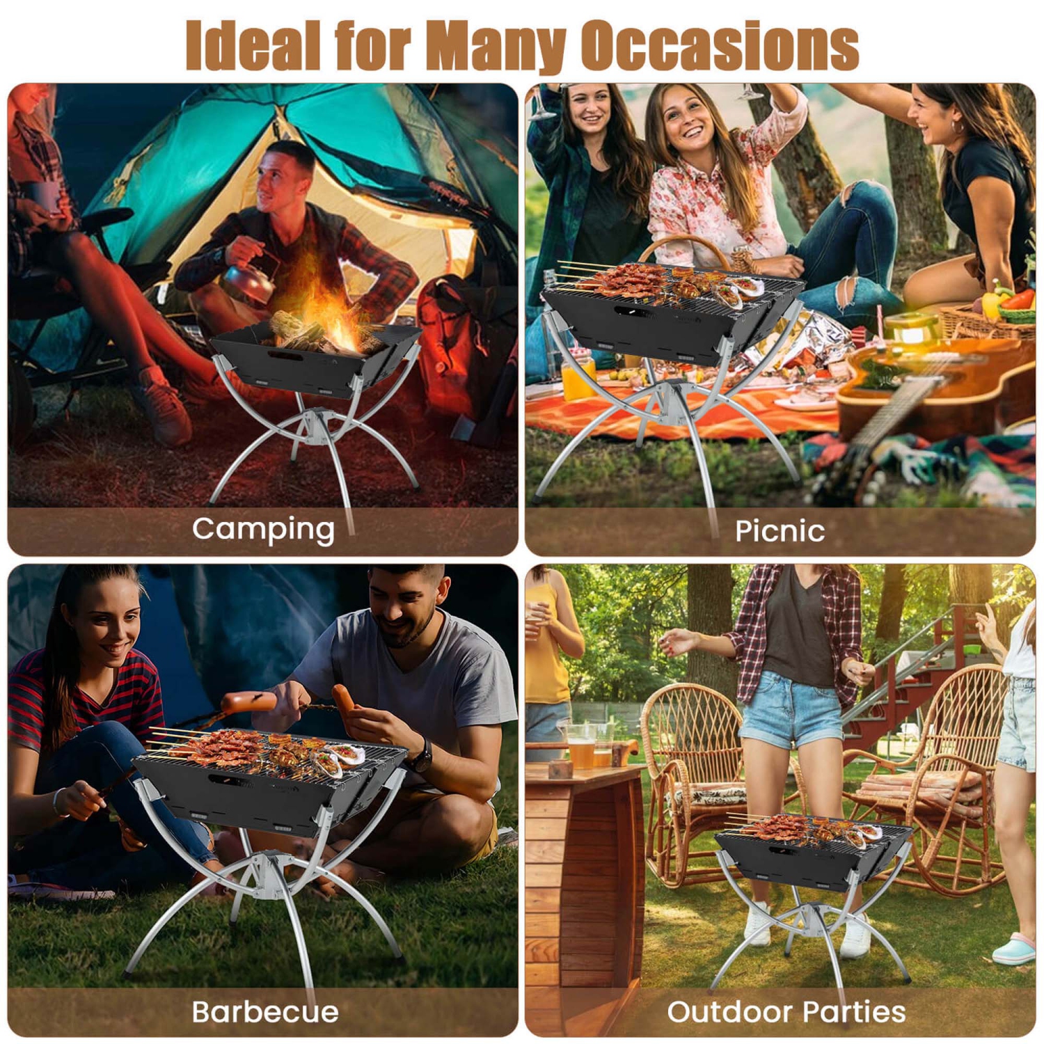 Costway 3-in-1 Portable Charcoal Grill Folding Camping Fire Pit with Carrying Bag & Gloves
