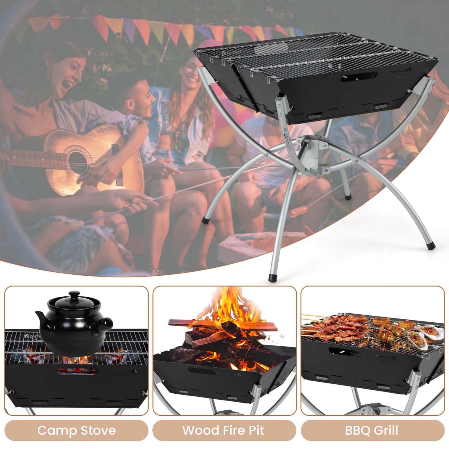 Costway 3-in-1 Portable Charcoal Grill Folding Camping Fire Pit with Carrying Bag & Gloves