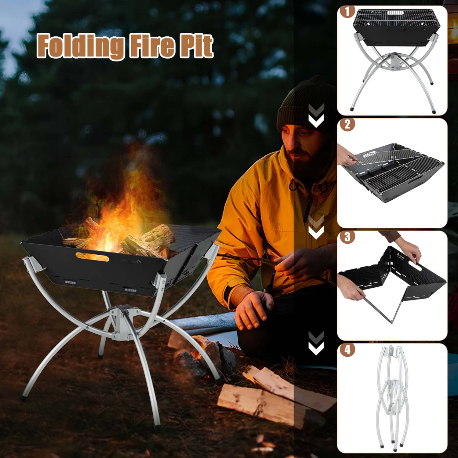 Costway 3-in-1 Portable Charcoal Grill Folding Camping Fire Pit with Carrying Bag & Gloves