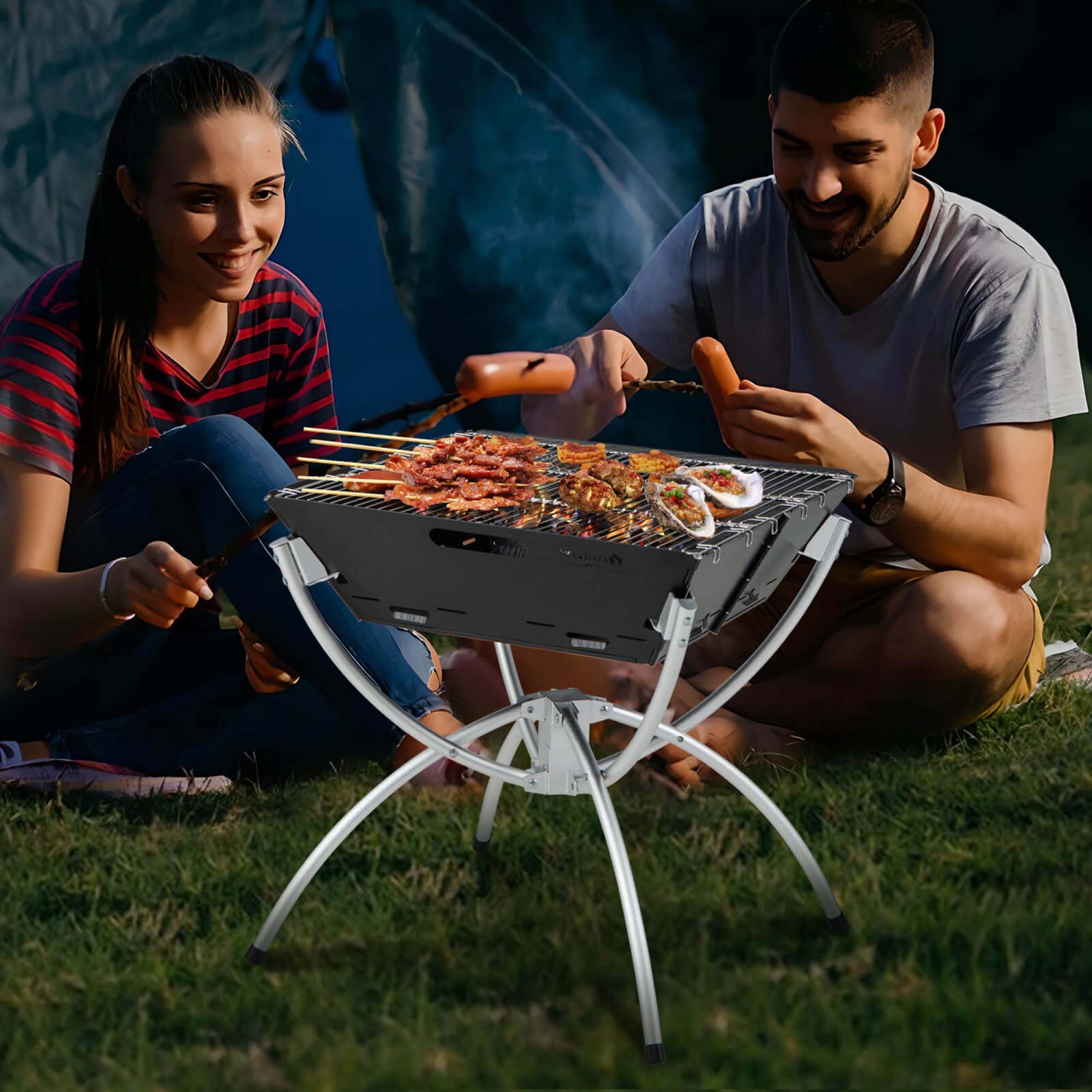 Costway 3-in-1 Portable Charcoal Grill Folding Camping Fire Pit with Carrying Bag & Gloves