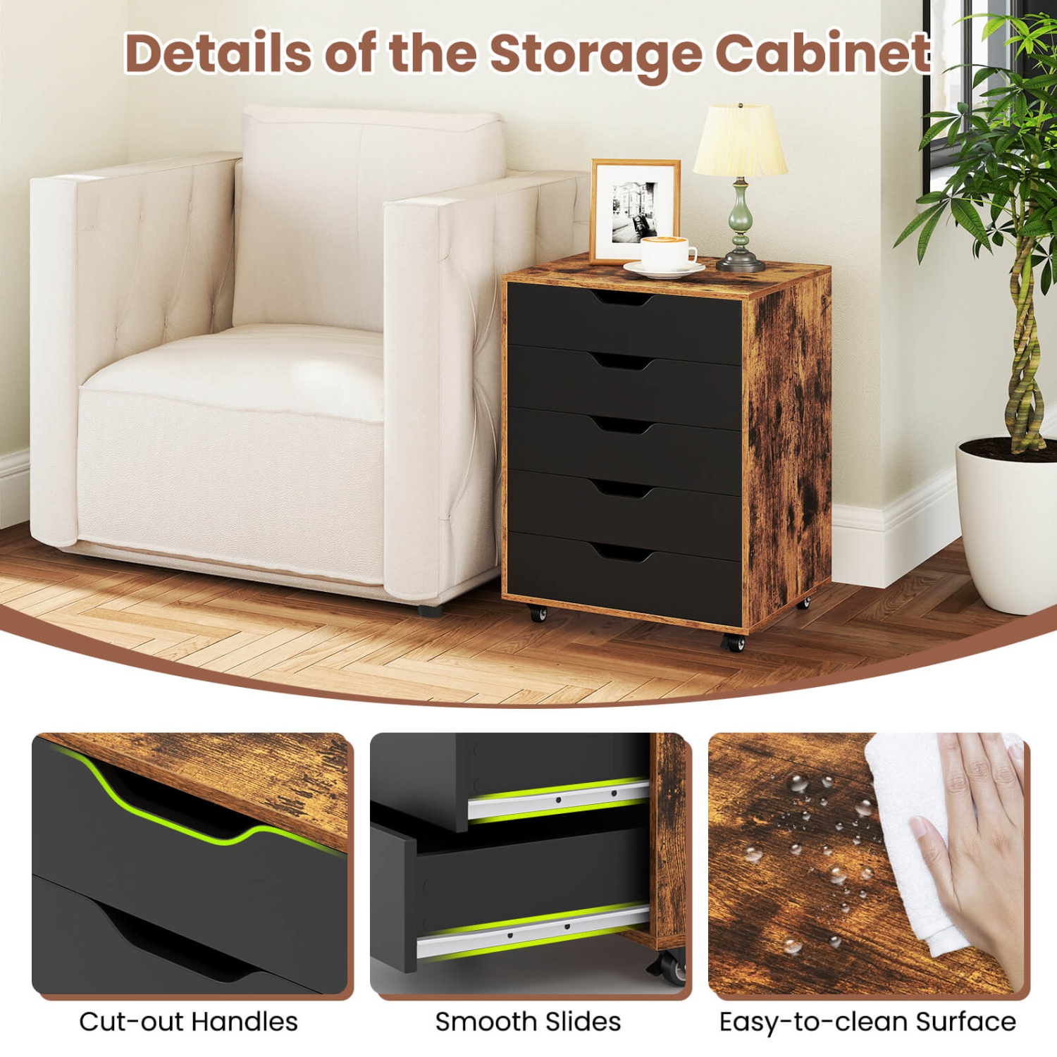 Costway 5-Drawer Lateral File Cabinet with Wheels Modern Chest of Drawers for Home