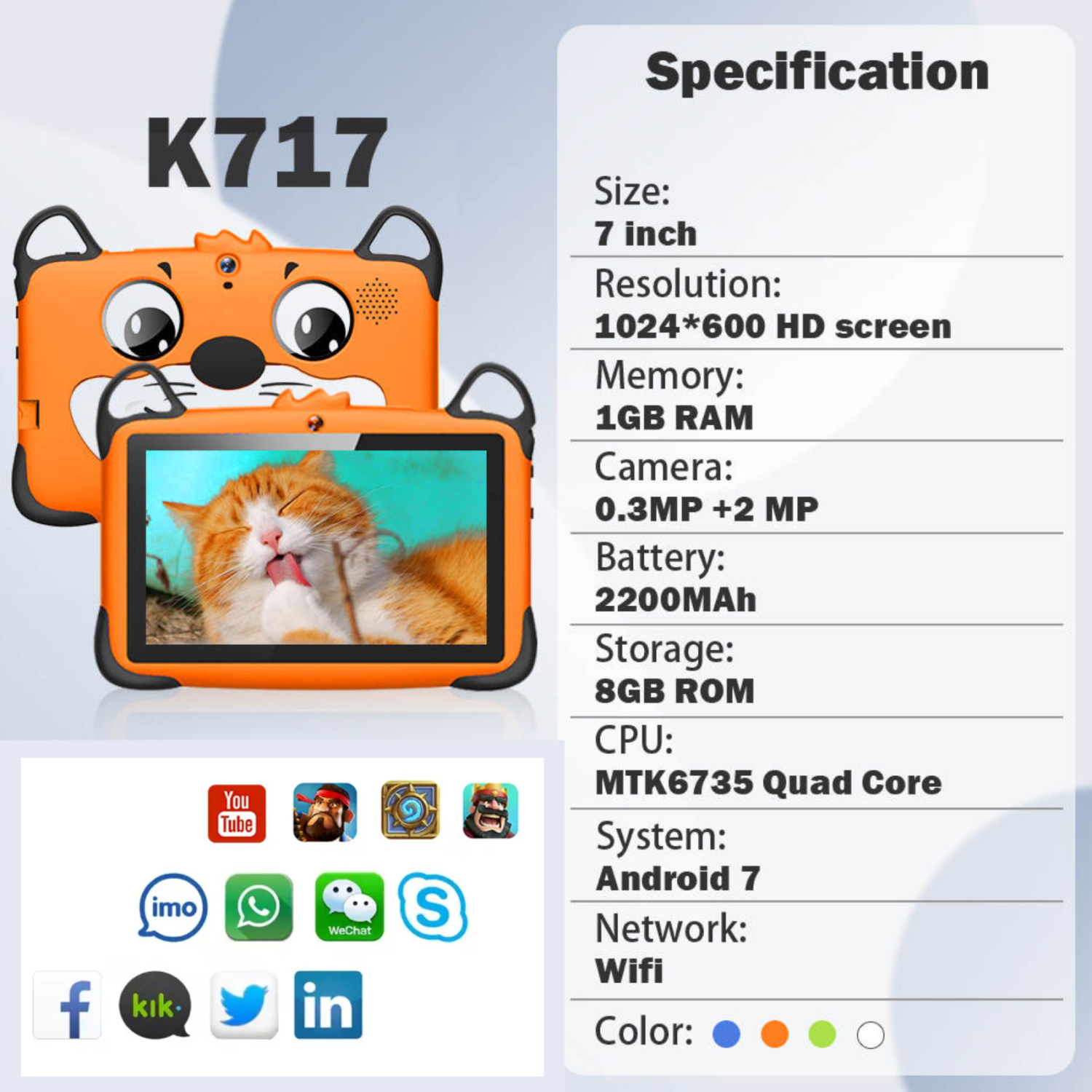 TUTT K7 Drop-Resistant Eva Case Shell HD 7” Kid’s Learning Educational Tablet 8GB Memory Android Dual Camera Parental Control Kid Tablet