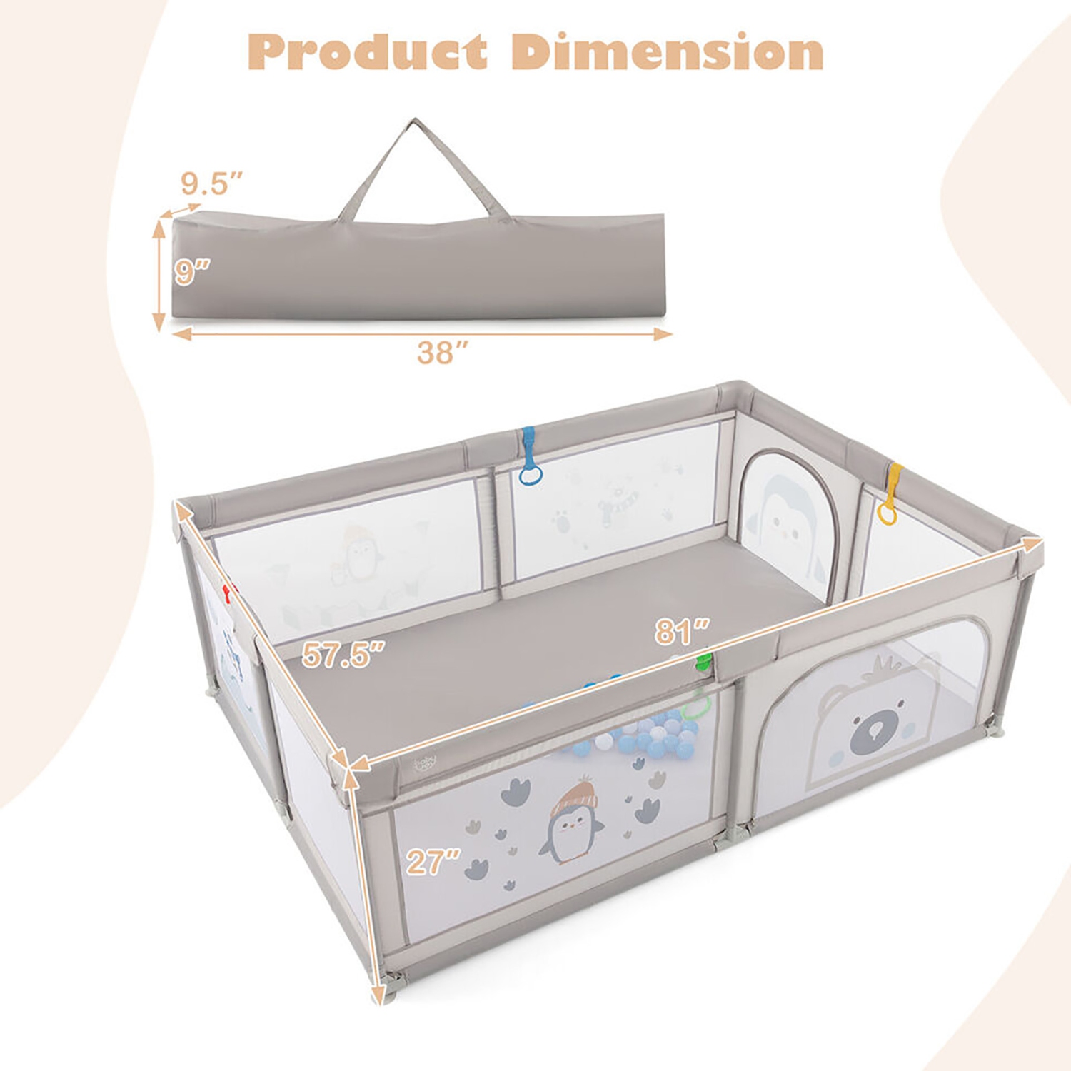 Gymax Large Baby Playpen Kids Play Yard Activity Center 81'' x 57.5'' Penguin Pattern Gray