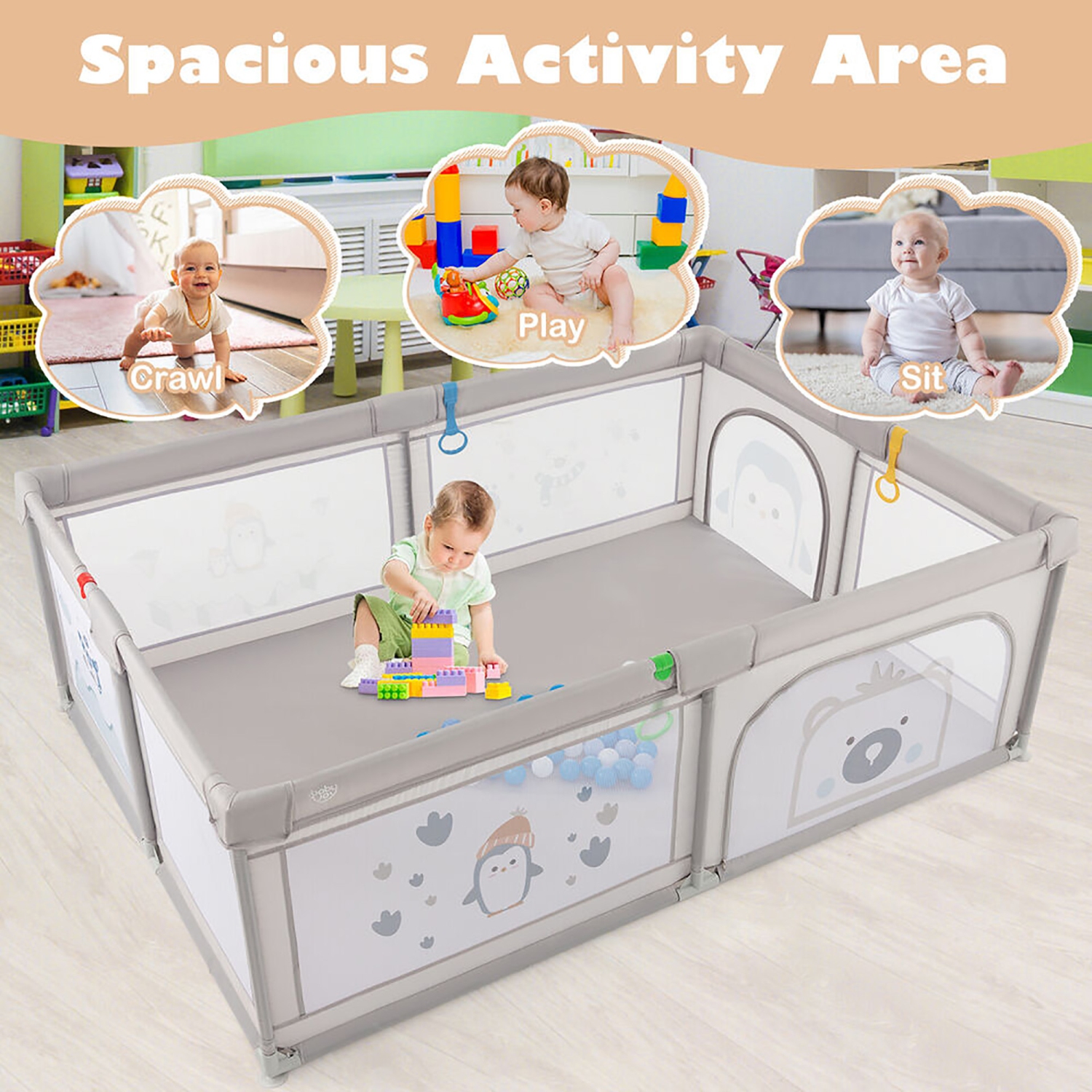 Gymax Large Baby Playpen Kids Play Yard Activity Center 81'' x 57.5'' Penguin Pattern Gray